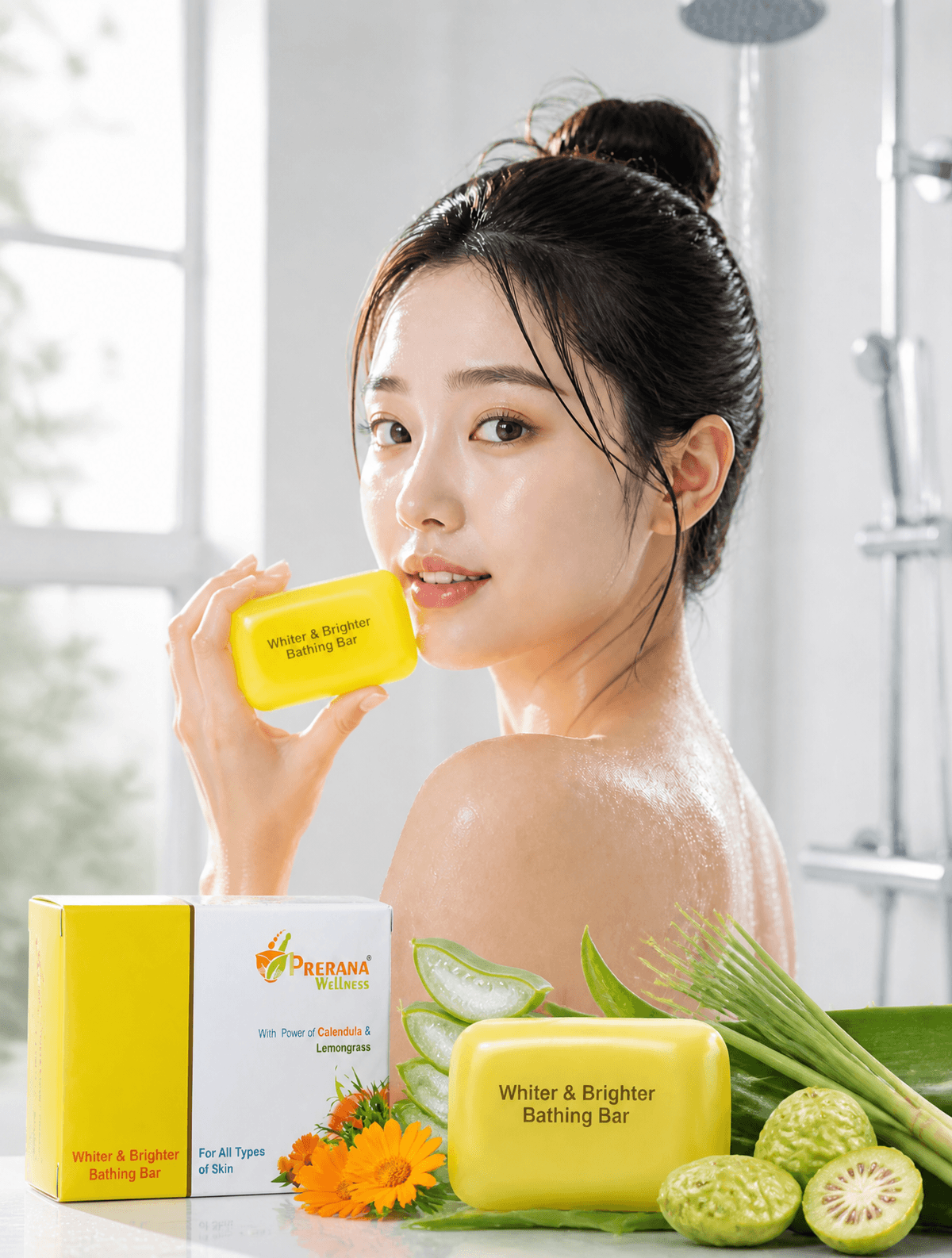 A young East Asian woman with a damp, dewy…