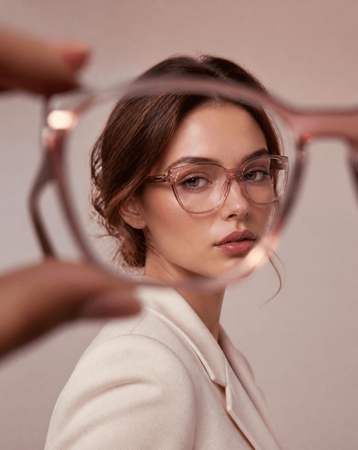 Create a luxury editorial eyewear portrait featuring the reference…