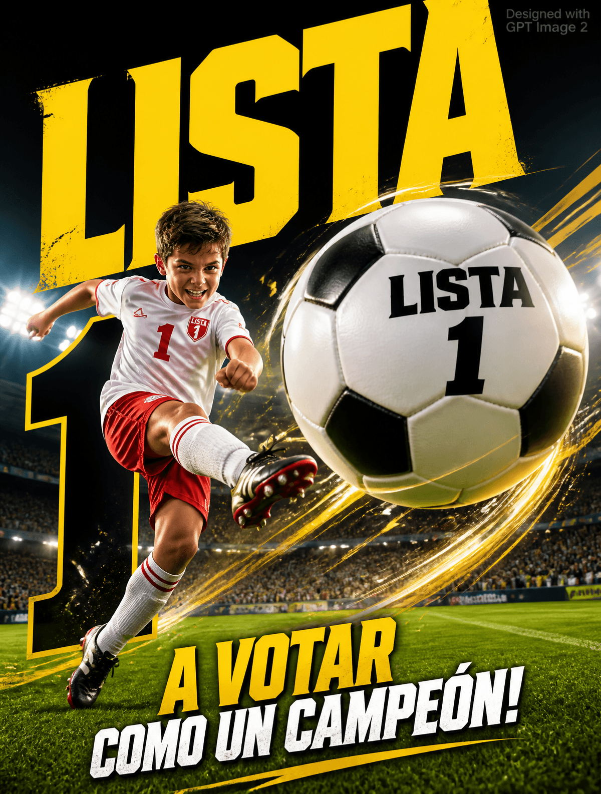 A vibrant sports advertisement poster. An energetic young boy…