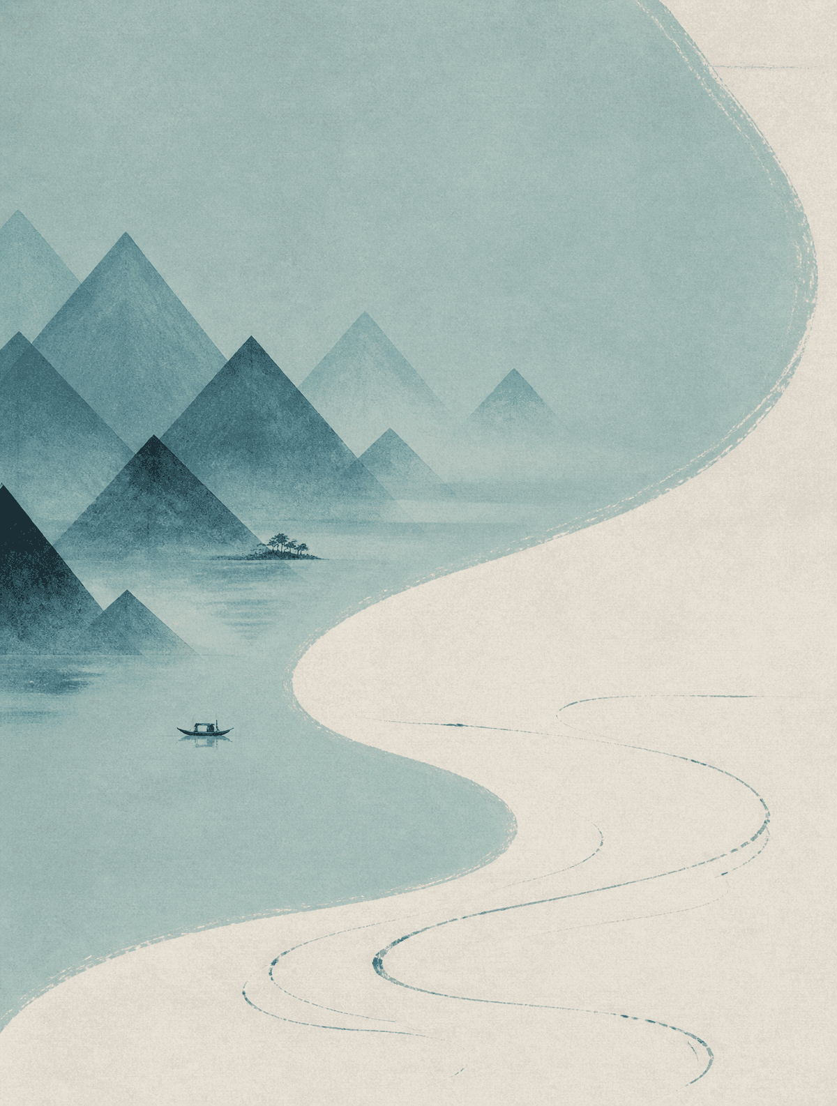 一幅融合宋代山水画意境与极简主义构成的现代艺术作品。画面以天青色为主调，占据60%面积。采用S型构图，远山以几何化的三角形层叠呈现，近景留白处仅以几笔飞白书法线条暗示水波。宣纸纹理细腻，呈现出画面整体宁静禅意，光线柔和如晨雾。超高清细节，8K渲染