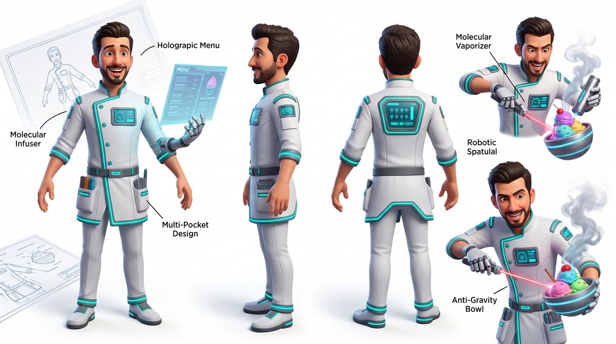 Pixar-inspired futuristic dessert scientist chef character sheet, neon-accented uniform,…