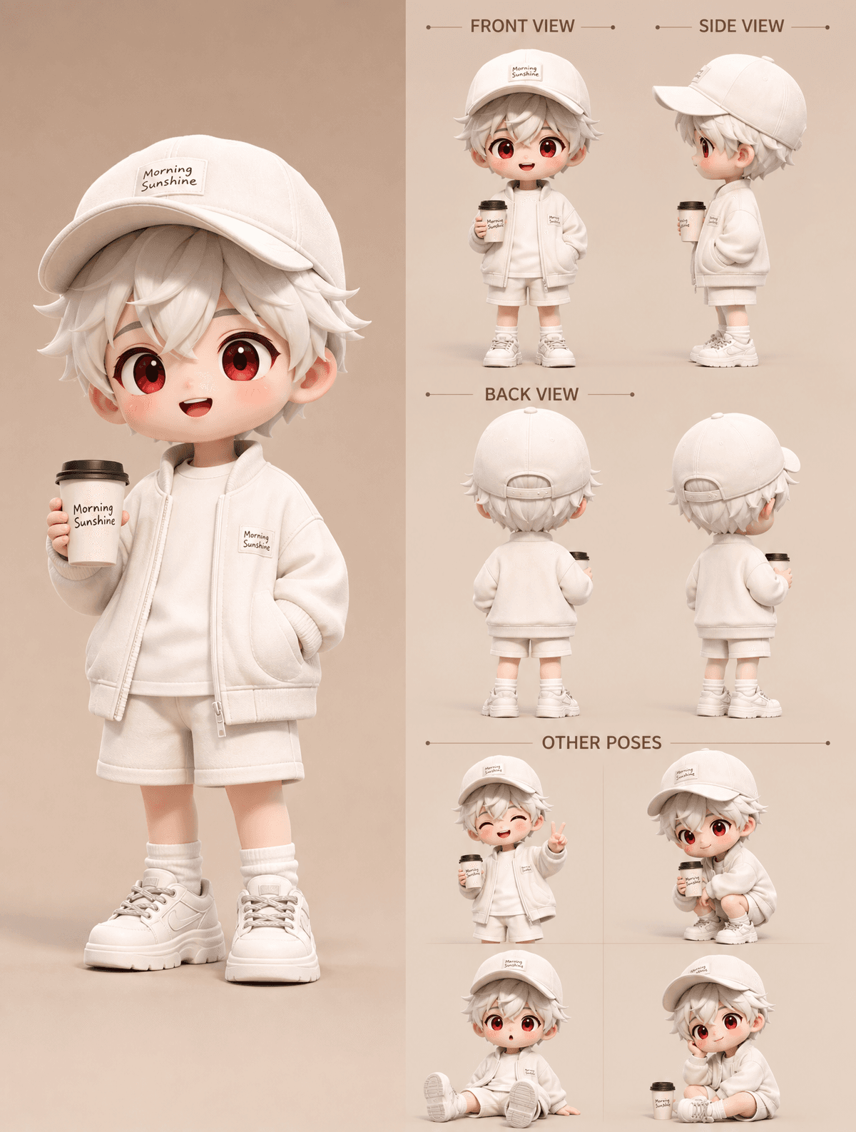 A cute 3D chibi character design sheet, a young…