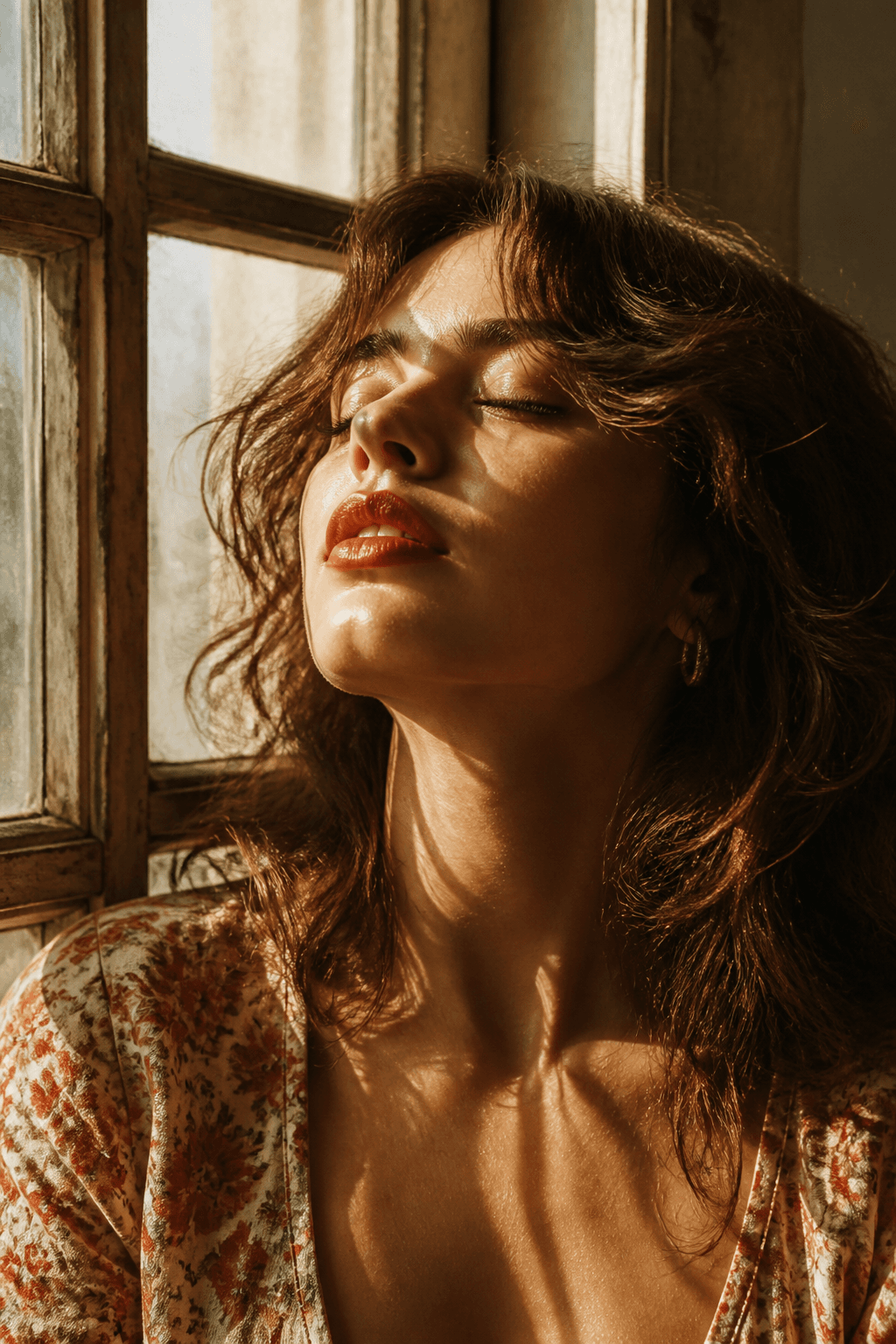 Vertical vintage film close-up portrait, young woman by old…