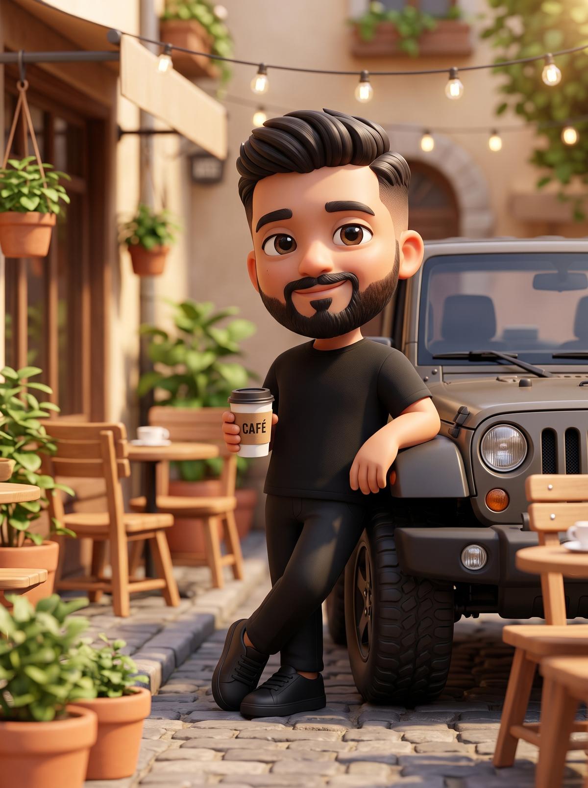 A cute 3D chibi-style character leaning against a parked…