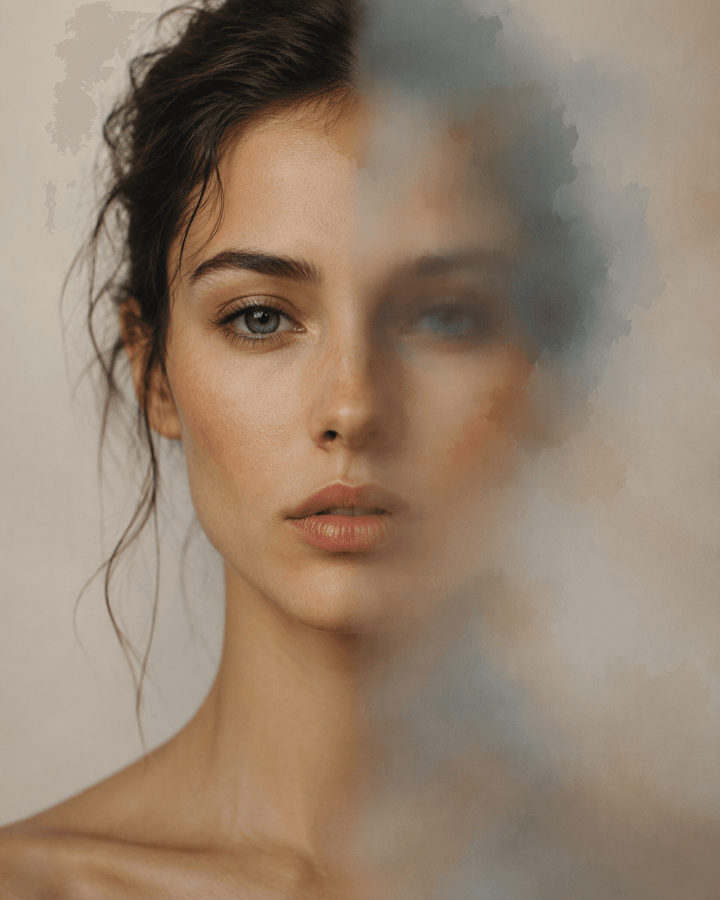 Create an experimental 4:5 portrait where a single woman's…