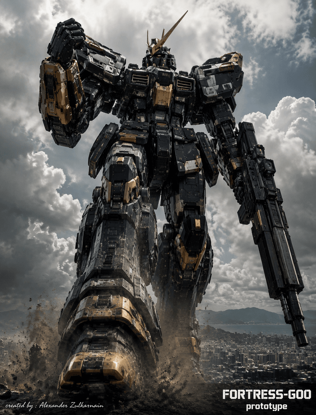 A colossal bipedal mecha robot walking directly toward the…