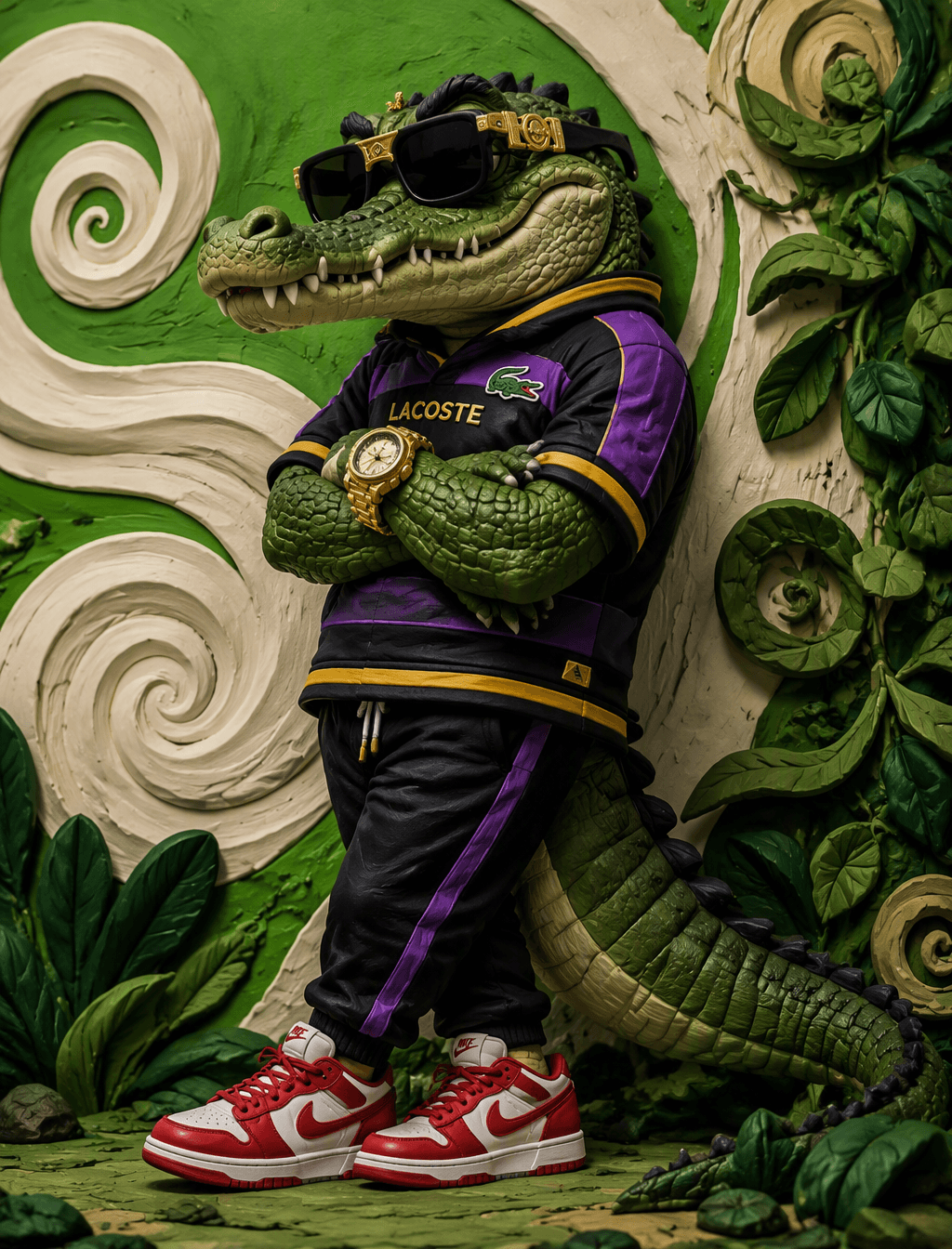 A dynamic claymation-style illustration of a menacing crocodile, posed…