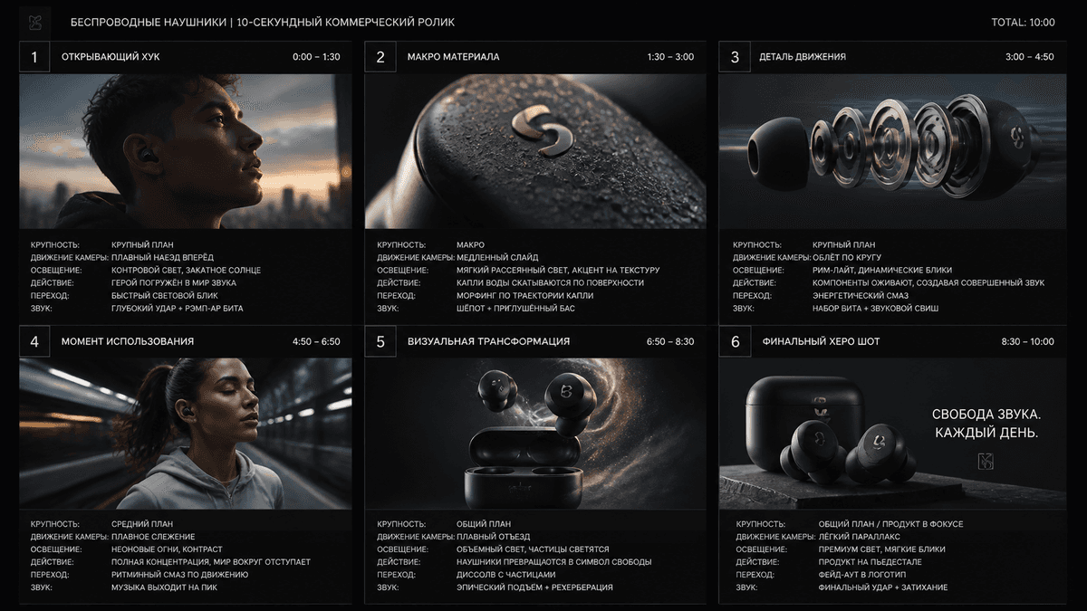 Create a 10-second cinematic product commercial storyboard for беспроводных…