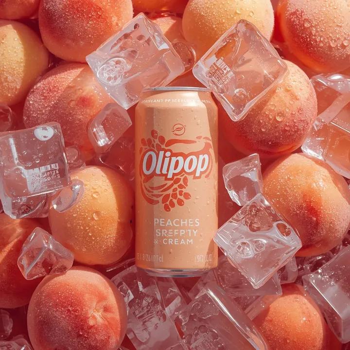 Ultra-realistic commercial product photography of a pastel peach-colored soda…