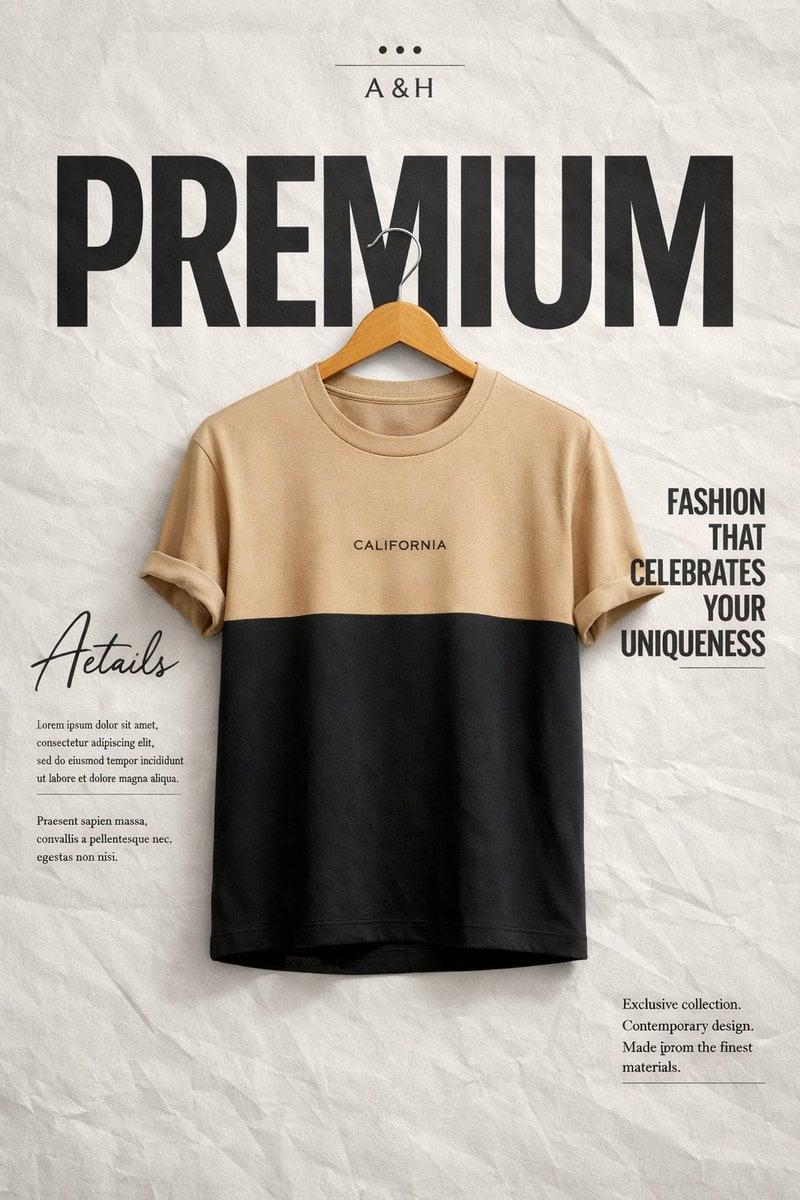 Create a high-end minimalist fashion advertisement poster. Background: light…