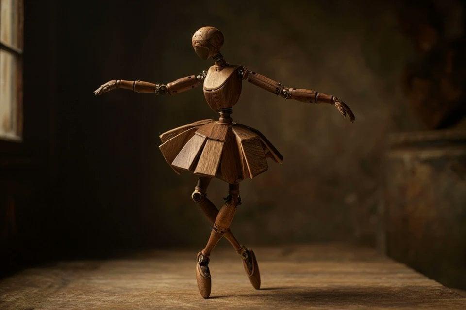 A wooden automaton version of a [subject], jointed with…