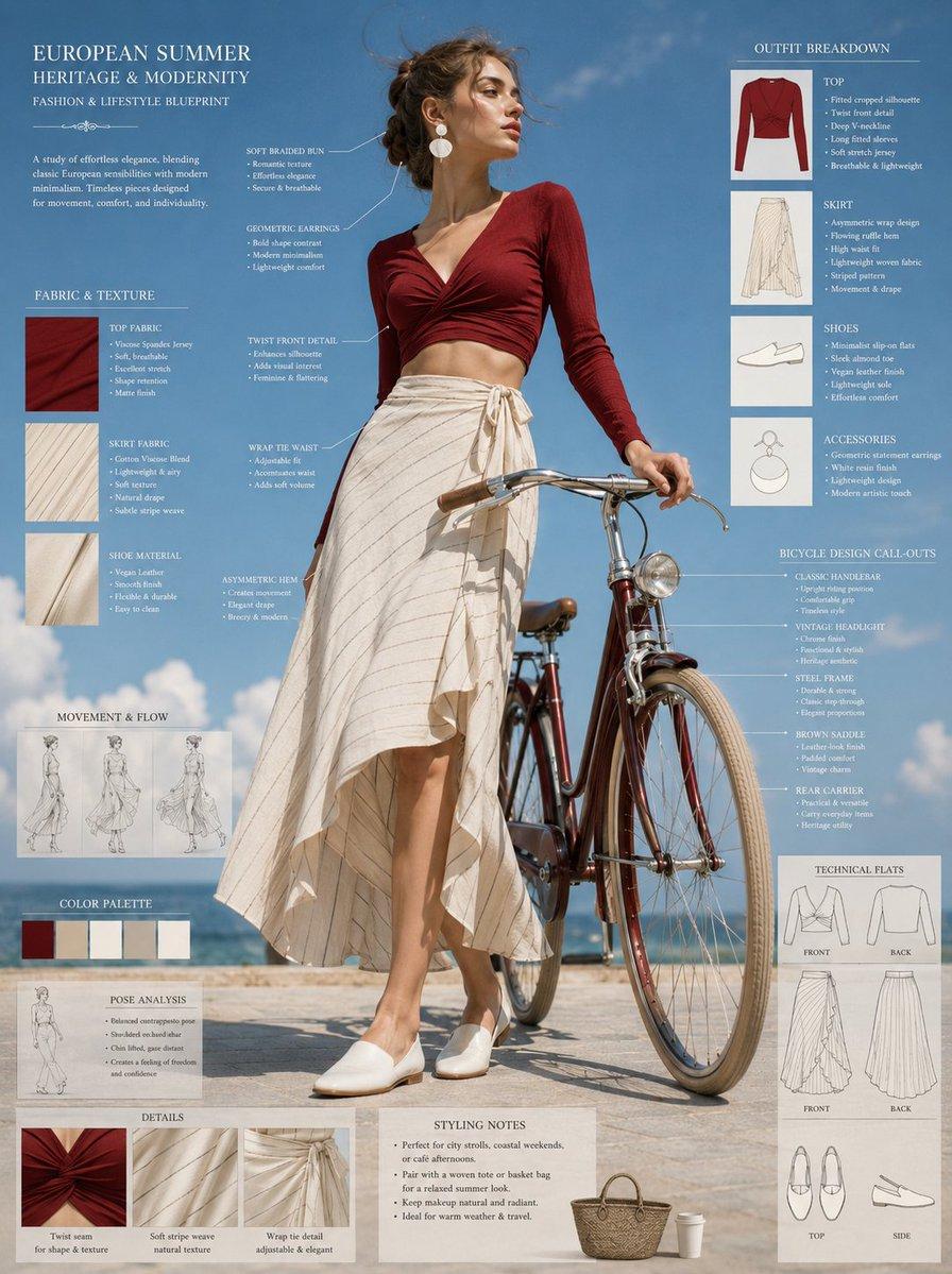Bicycle AI prompt example — Fashion blueprint sheet of an elegant young woman posing…
