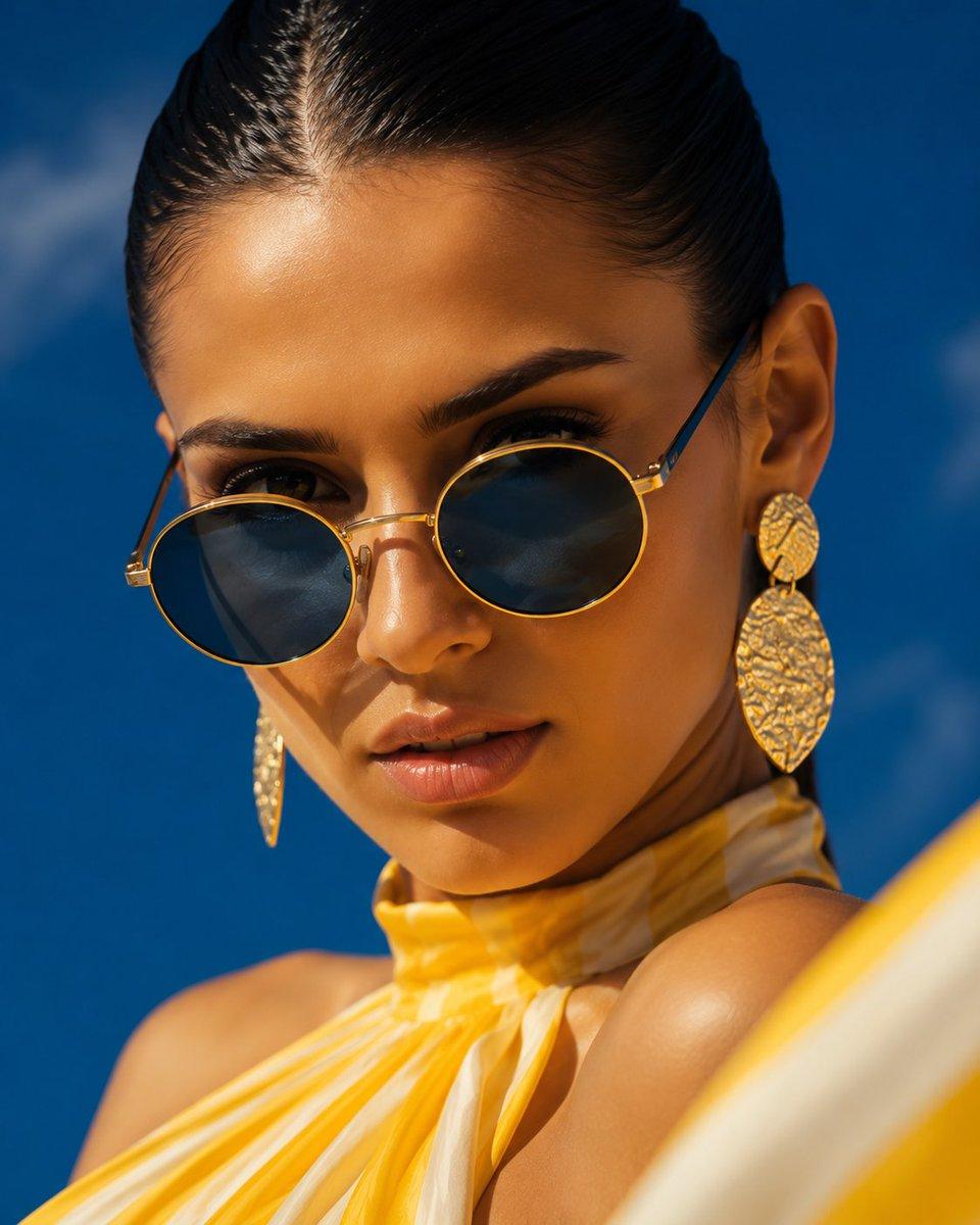 Wide dramatic fashion shot, woman in flowing yellow and…