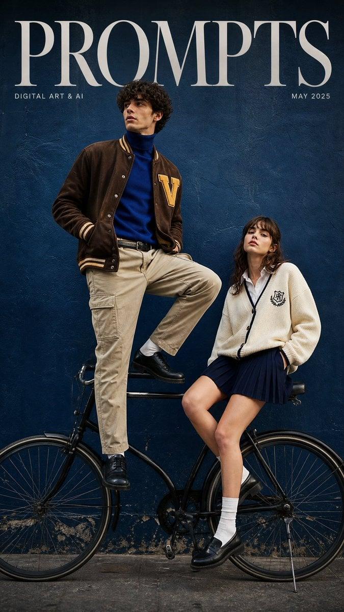 Bicycle AI prompt example — A cinematic fashion magazine cover with the bold text…