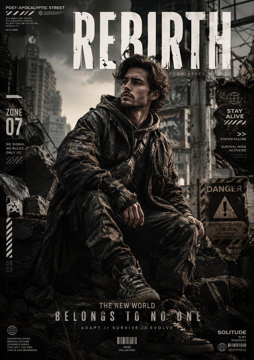 A contemporary editorial fashion poster inspired by the Post-Apocalyptic…