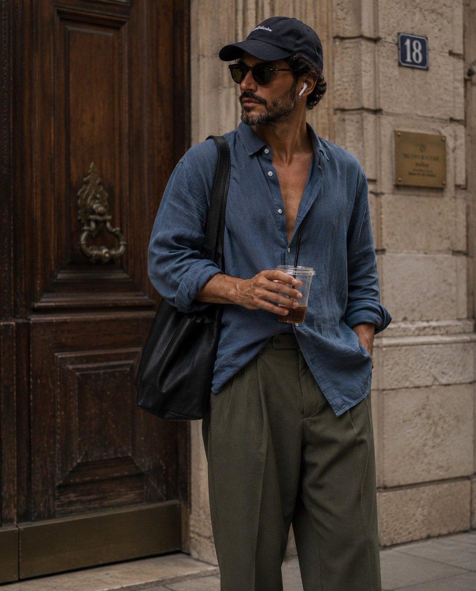 candid street-style fashion photograph of a stylish young man…