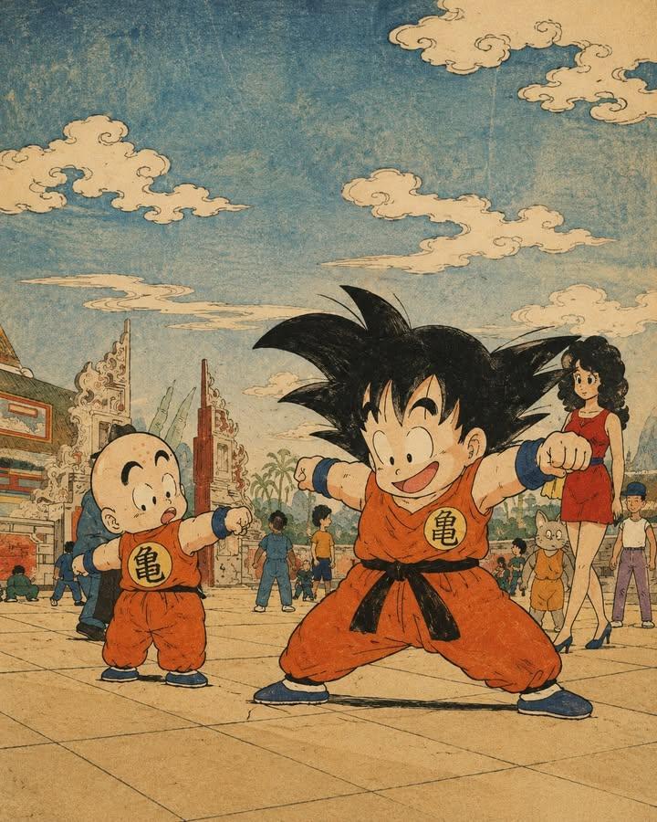 A vintage Japanese ukiyo-e woodblock print reimagining a classic…