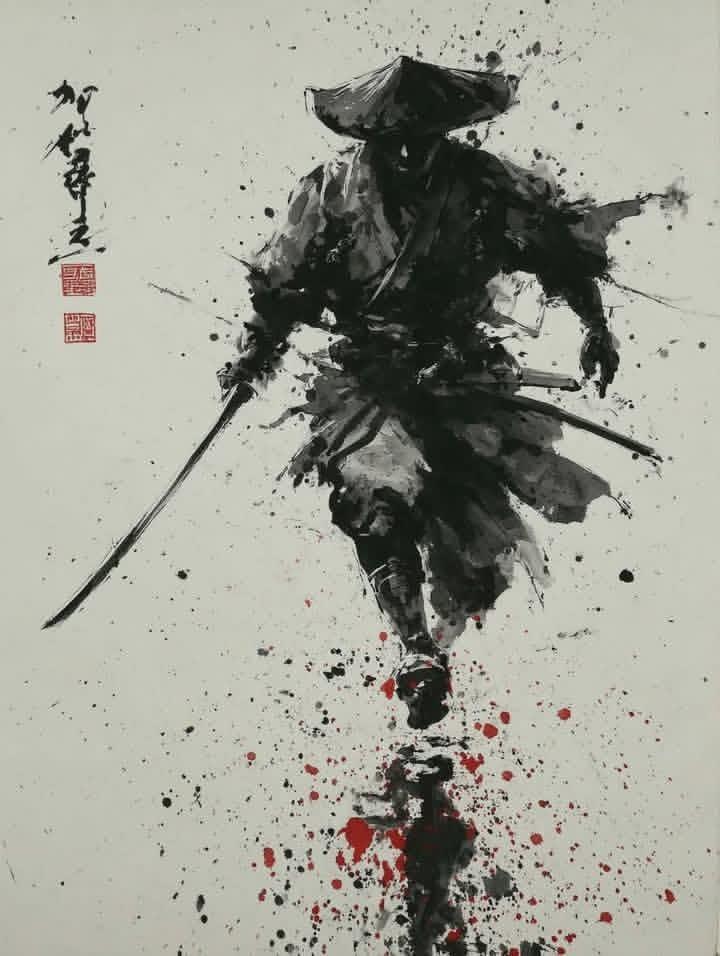 A lone samurai / ronin warrior rendered in traditional…