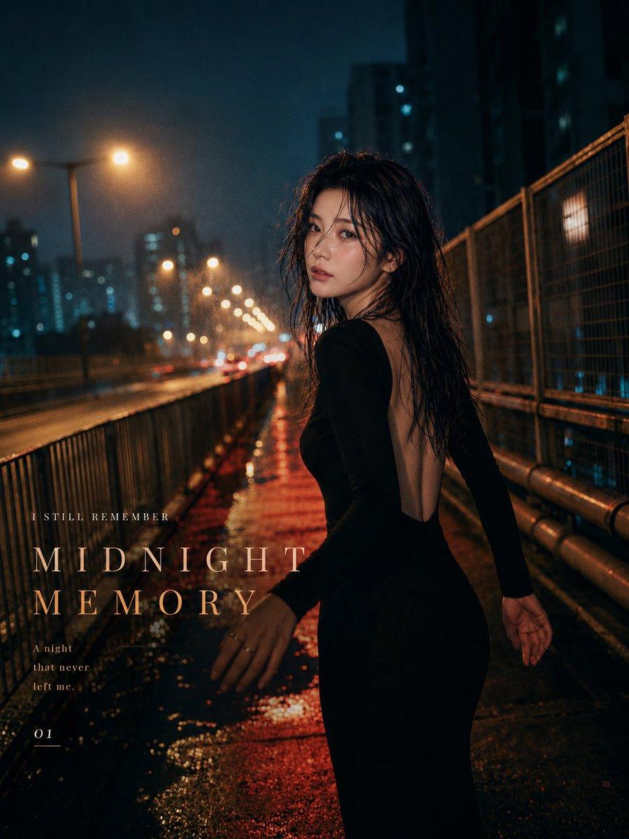 以参考人物为唯一身份基准，保持五官、脸型、眼神和整体气质高度一致。成年亚洲女性，清冷淡颜，皮肤自然细腻，长黑发被雨水打湿，湿发凌乱贴在脸颊与颈部，穿修身黑色长袖露背连衣裙，搭配极简银色耳环、细项链 and 戒指。 雨夜城市高架桥场景，湿漉漉的道路、金属护栏、远处高楼与车流，路灯形成连续的暖黄色散景，地面倒映红色、橙色与冷蓝色灯光。人物被暖色路灯和冷色城市环境光共同照亮，皮肤与湿发带有真实水光，电影感强烈，浅景深，35mm镜头，轻微胶片颗粒，高对比但保留暗部细节，真实雨丝，真实水滴，都市夜景时尚摄影，情绪克制、孤独、暧昧、久久不能忘怀。 人物回头望向镜头，眼神安静而忧郁，嘴唇微张，像是在雨夜分别前最后看了一眼。动作自然，肩颈放松，身体比例真实，手部结构准确，不要僵硬摆拍。 加入高级杂志感英文排版，使用优雅高对比衬线字体，字距拉开，米白色与暗金色字体，文字安排在人物周围的负空间，不遮挡脸部，排版简洁、有呼吸感、不要杂乱。 英文文字： MIDNIGHT MEMORY…