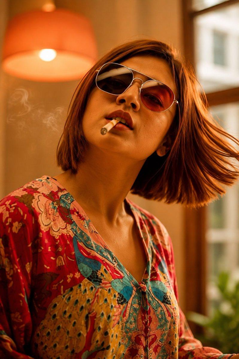 Creative fashion editorial concept, young woman wearing matching landscape-print…