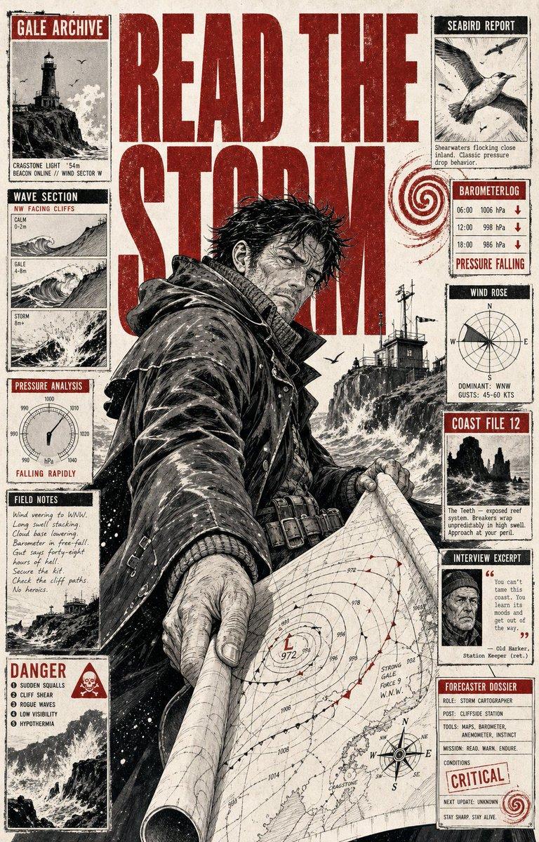 创建一张 9:16 的深红墨线漫画角色档案海报。 主角是一位年轻的月球维修员，短金发，穿灰色连体工装，右手高举一顶破损的宇航头盔展示外壳微裂纹；场景在月球基地 07 号维修舱外，背景是月球表面、太阳能桁架 and 天线阵。低机位广角，人物占画面约三分之二，脚下踩着工具箱，脑后压着巨大英文标题「FIX THE…