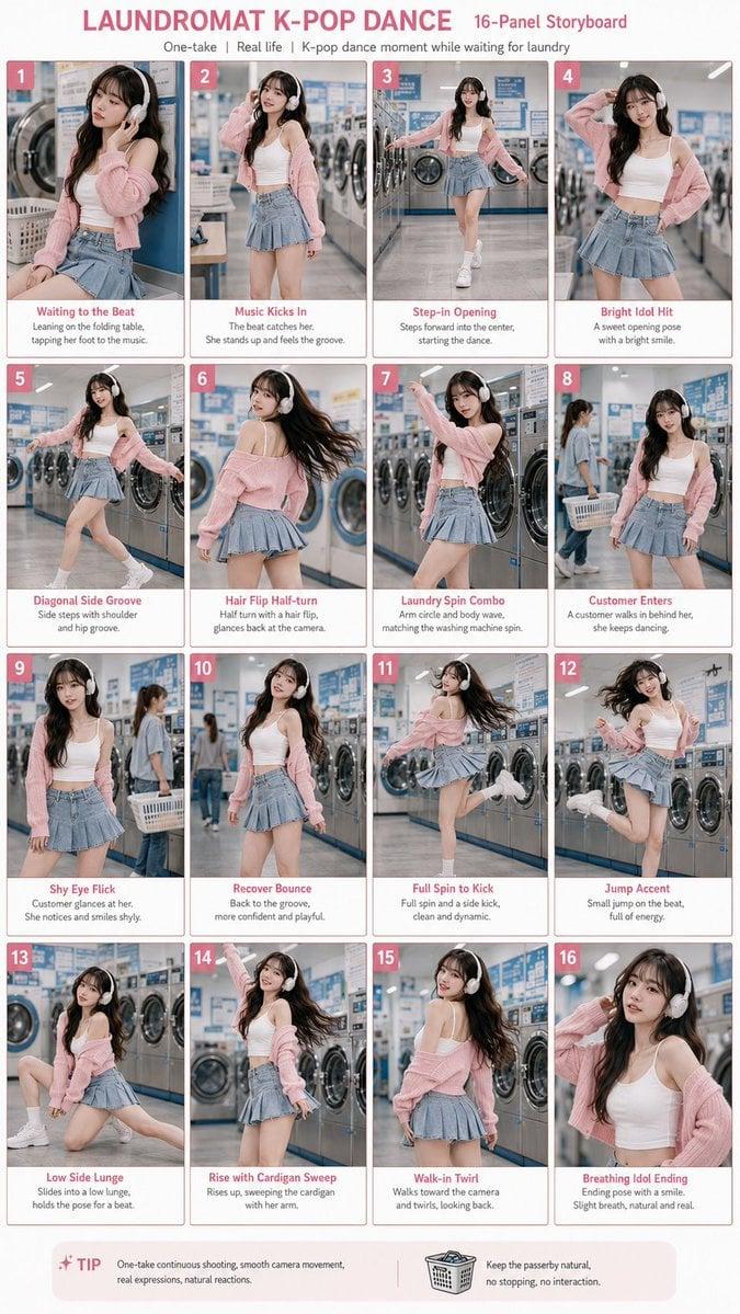 Theme: Laundromat K-pop Dance Character: young adult East Asian…