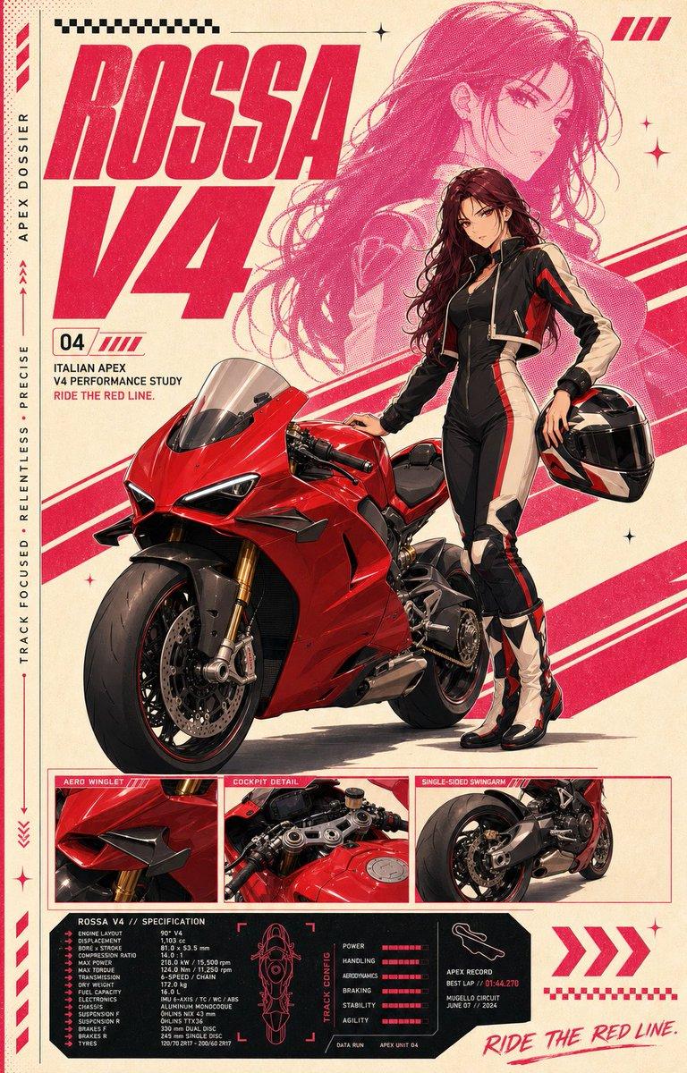 Motorcycle AI prompt example — { "style": "pink-anime-motorcycle-spec-poster", "aspect_rati