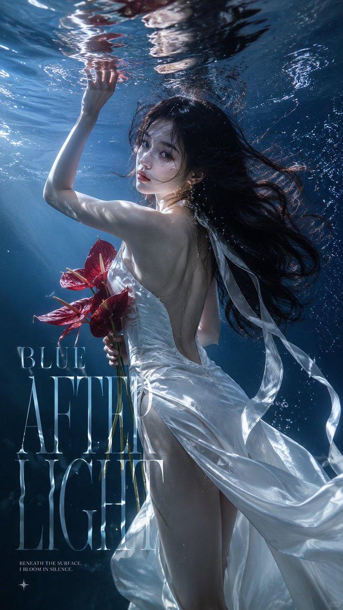 Underwater AI prompt example — Create a 9:16 vertical underwater fashion editorial poster. 