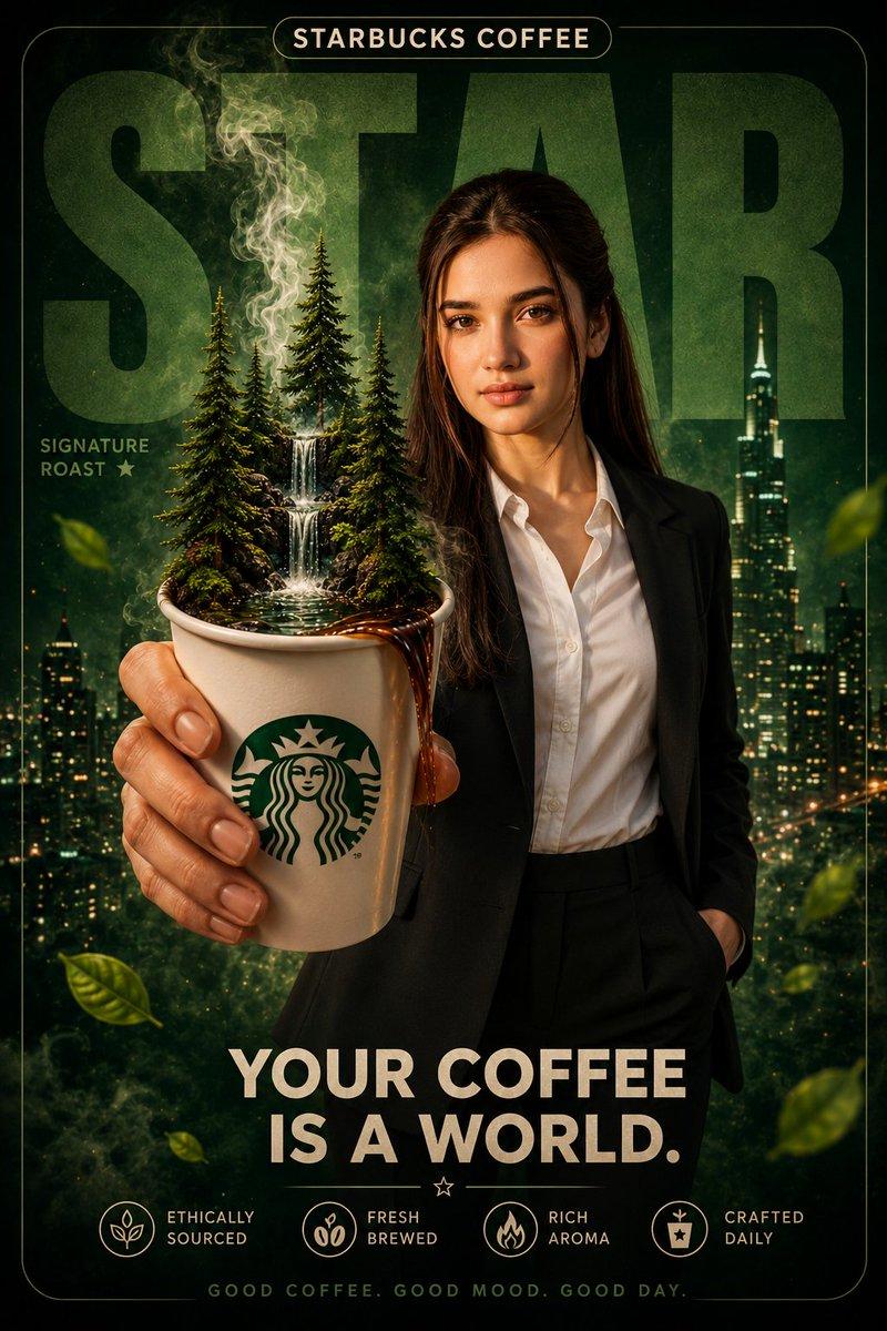 A premium cinematic Starbucks-style coffee advertising poster, featuring a…