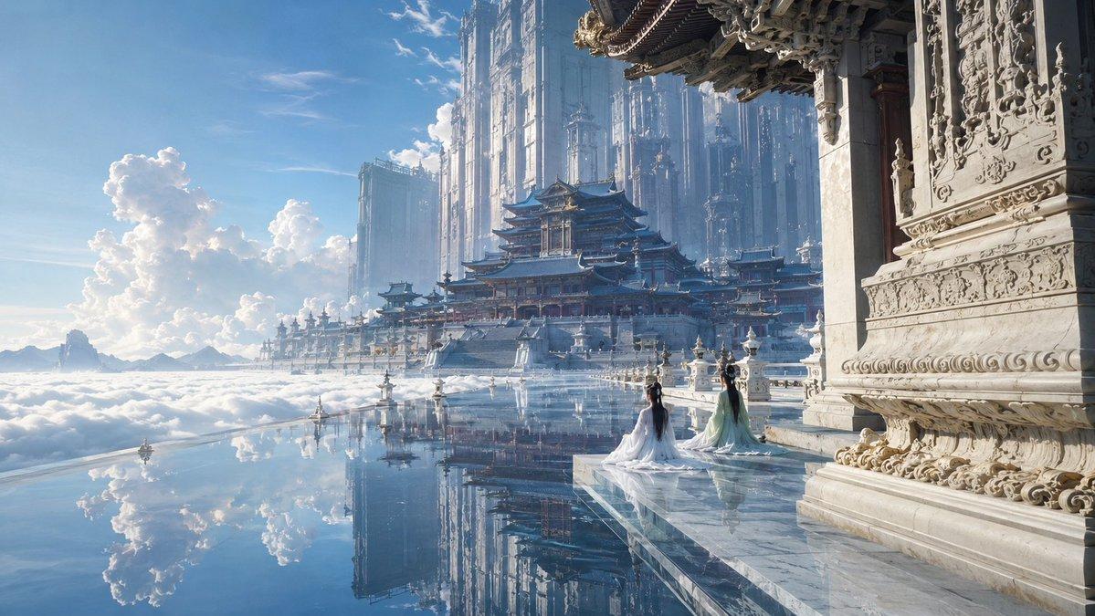 16:9 横向电影画幅，超写实、明亮、神圣、富有压迫感的东方神界电影剧照，1980s Hong Kong fantasy wuxia 的正面戏剧构图结合现代高规格 photorealistic VFX。…