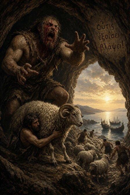 Grok Imagine prompt example — Odysseus and Cyclops Greek Mythology