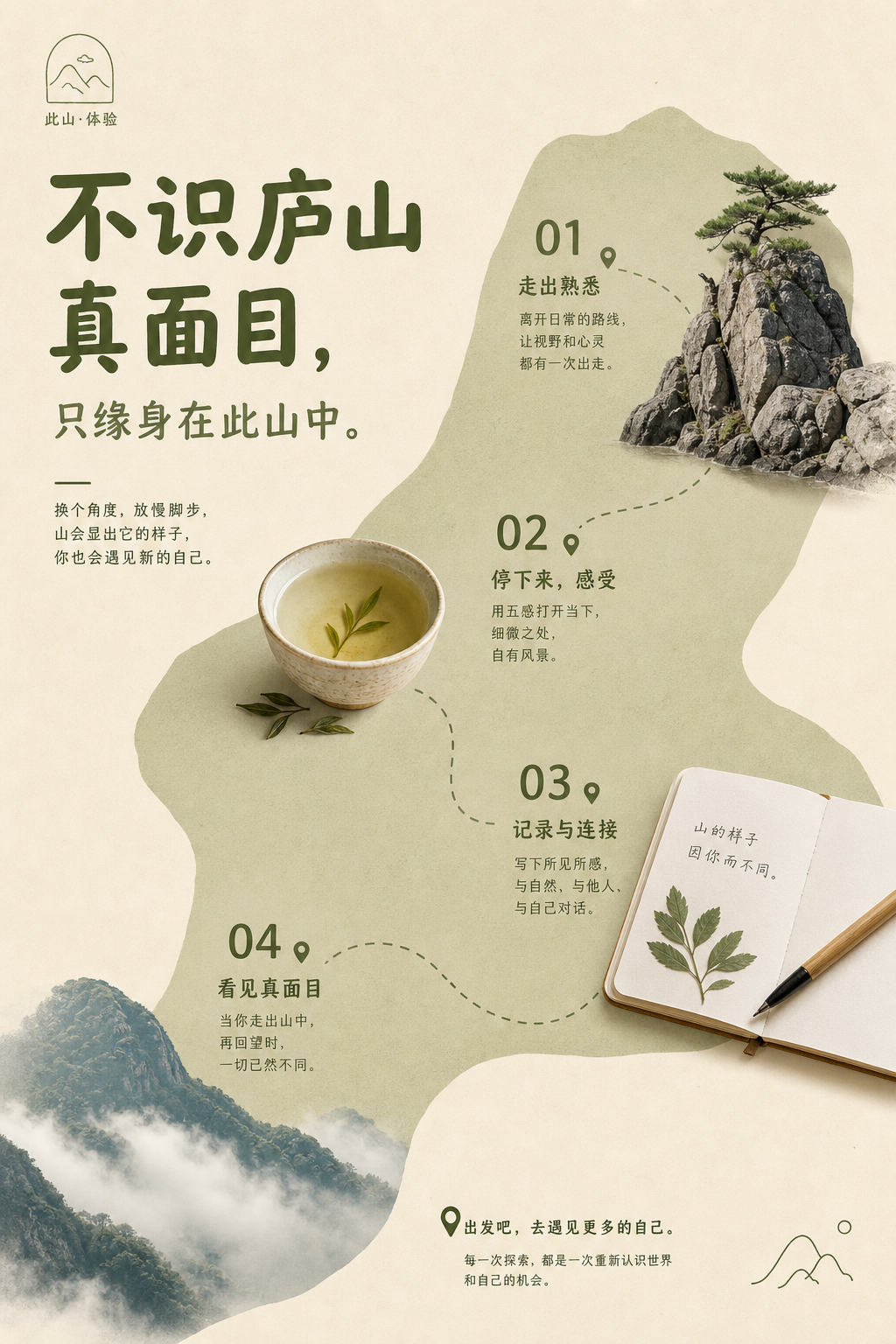 围绕具体主题内容生成一张竖版高质量印刷视觉,整体像克制而亲切的品牌菜单页。画面先建立大面积温暖纸色底,保留宽松边距和可呼吸的空白;再从主题的来源、路径、材料关系或情绪温度中推导出一块软边不规则的结构色场,让它像主题的抽象地形一样贯穿主要画面区域,承担背景、阅读路线和语义统一,而不是普通装饰。核心对象以干净摄影剪贴或真实材质贴纸的方式压在结构色场前,轮廓清楚,局部跨出色场边缘,只保留最能识别主题的材质、高光、纹理和形体,阴影轻到像印在纸面上。结构色约占画面的次要大面积,底色仍然最多,主体最亮或最具材质感的部分成为视觉焦点;色相可随主题变化,但必须保持温和底色、主题结构色、主体材料色和少量情绪点之间的低噪声层级。文字、数字、小图标和注释使用结构色同源的单色系统,标题厚实圆润、友好可读,关键数字简洁醒目,说明文字细小规整,像菜单注释一样靠近对应主体形成节点,不用边框卡片和多色标签。信息群沿着结构色场的路径分布,让视线从一个主体节点自然移动到下一个节点,并在空白区域用一句短促收束语完成阅读。可在安静角落放置一个小型线性标志或符号,尺度克制,颜色同源,用来确认主题语义。整体表面保持低对比印刷感:平涂色干净,纸面温柔,抠图边缘清晰,只有轻微接触阴影,不做复杂场景、厚重 3D、强渐变或促销式堆叠;让背景场、真实主体、单色文字和大空白共同形成同一作者处理过的清爽品牌秩序。——————本次主题: 不识庐山真面目,只缘身在此山中要求:至少4个亮点,吸引人,能激发人参与的冲动和想法比例2:3
