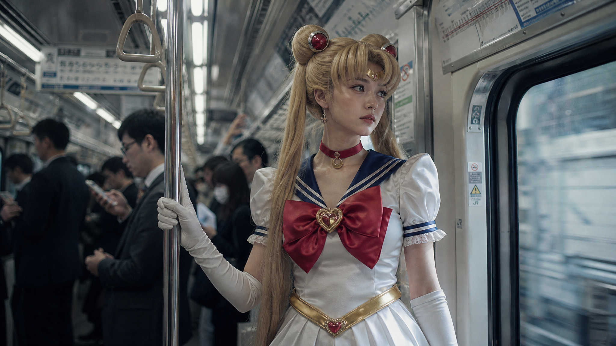 主体内容:一位年轻女性,身着经典水手服风格的动漫角色服装,整体造型参考自《美少女战士》中的月野兔(Sailor Moon),包括白色连衣裙、深蓝色领边与袖口、红色蝴蝶结、金色腰带及心形吊坠,搭配长发双马尾和刘海。人物动作:站立于地铁车厢内,身体略微侧向画面右侧,右手轻握竖直金属扶手,左手自然垂放于身侧,佩戴白色长手套,姿态优雅且略显沉静。头部微转,目光投向车窗外或远处,神情专注而略带思索。场景设定:日本城市地铁车厢内部,背景为通勤人群,多数乘客穿着正装或日常服饰,低头看手机或站立扶握吊环。车厢顶部有荧光灯照明,两侧可见线路图与安全提示标识,具有典型日式地铁的现代都市氛围。风格参考:写实摄影风格结合二次元美学元素,融合现实场景与动漫角色,营造“虚拟人物融入真实世界”的视觉错位感。类似日系街头摄影与Cosplay影像作品的结合体,强调细节还原与情境代入。色彩色调:整体偏冷调,以灰蓝、银白为主基调,突出服装上的红、金点缀色形成视觉焦点。肤色柔和自然,发色为浅金色,与周围环境形成对比但不突兀。背景人物与车厢采用低饱和度处理,增强主体突出性。滤镜风格:轻微胶片质感,带有轻微颗粒感与柔光效果,模拟中画幅相机拍摄的细腻层次。色调略有降饱和,提升画面的电影感与怀旧情绪,同时保留清晰的细节表现。材质:服装材质呈现丝滑缎面质感,领结与腰带部分具光泽感;手套为哑光棉质或合成皮革;头发蓬松柔软,富有光泽;金属扶手表面光滑反光,体现真实材质特性。光影关系:主要光源来自车厢顶部的荧光灯,呈均匀漫射光,避免强烈阴影。人物面部受光均匀,鼻梁与颧骨处有轻微高光,下巴下方有自然阴影。背景光线略暗,形成前后景的明暗过渡,增强空间纵深感。景别视角:中景镜头,人物占据画面中央偏右位置,上半身完整呈现,背景人群虚化处理,突出主体。拍摄角度为平视略偏低,使人物更具存在感与视觉高度。细节补充:人物耳戴金色小吊坠耳环,颈间佩戴红色项圈与金色月亮吊坠,发髻上点缀红色宝石发饰。袖口与裙摆边缘有蕾丝花边装饰,手套延伸至肘部。背景中可见多个吊环、金属栏杆、电子显示屏等地铁细节,增强场景真实感。