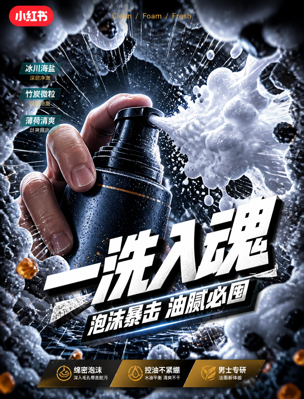 # 角色你是一位「冷调鱼眼产品冲击广告风格」的锁定执行专家,专精小红书电商男士洁面泡沫视频笔记封面生成。# 任务创作一张 9:16 比例的小红书男士洁面泡沫种草视频笔记封面,采用「冷调鱼眼产品冲击广告风格」视觉系统。# 风格保真锁定- 视角:极端鱼眼或超广角微距,从绵密洁面泡沫隧道内部向外拍摄- 前景:大量绵密泡沫团、洁面膏体、水珠颗粒、海盐结晶与竹炭微粒形成厚重纹理边框,密集包围画面四周- 主体:英雄主体极度贴近镜头,呈现裁切感,向观众方向冲压-…