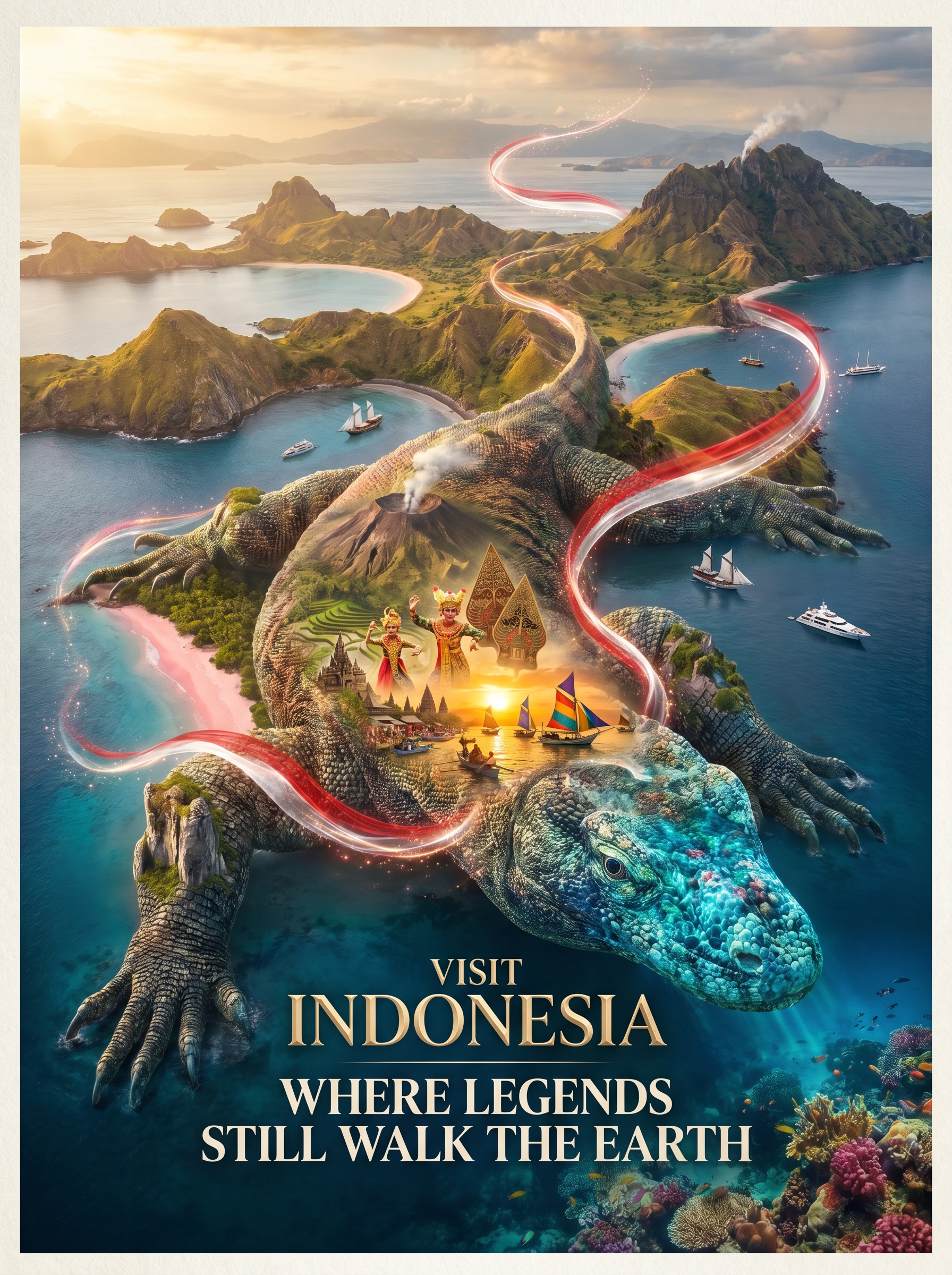 Create a revolutionary tourism poster for Indonesia where the…