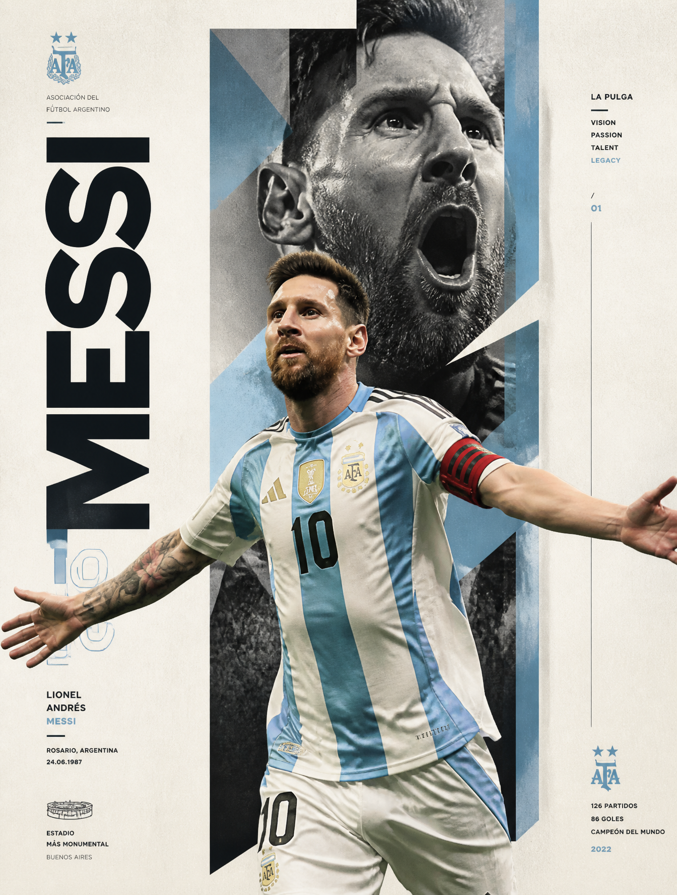 Create an ultra-premium sports poster featuring Lionel Messi in…