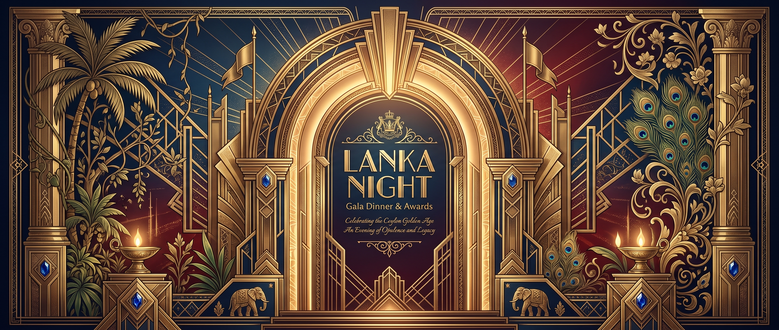 Lanka Night 荣誉晚宴主视觉KV,1930年代锡兰黄金时代灵感,Art Deco装饰艺术风格,Old Money审美,英伦贵族气质,21:9超宽横版。画面整体采用庄严的中轴对称构图,一座巨大的Art Deco拱门占据视觉中心,由层层递进的金色几何结构组成,形成通向新时代的象征之门。中央预留完整标题区域,可放置“Lanka Night”。左右两侧保持整体平衡,但装饰细节不完全相同。一侧为热带棕榈叶与藤蔓纹样,另一侧为孔雀羽毛、卷草纹和装饰花卉,以新艺术运动风格融入Art Deco框架。背景采用深宝石蓝、酒红色和古董金渐变,中央散发柔和金色光芒。蓝宝石元素隐藏于几何纹样之中,黄铜油灯以微弱暖光形式点缀边缘。整体如1930年代皇家邀请函与奢侈品牌海报融合,庄重、优雅、神秘、充满命运感。Art Deco…