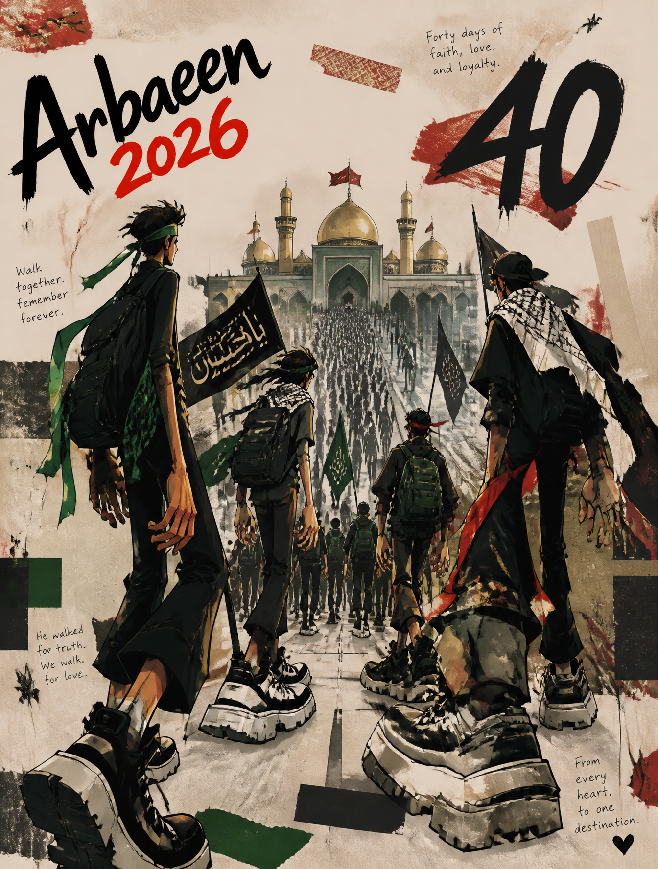 2026 阿巴因节(Arbaeen 2026)海报提示词 (中文)正向提示词: 2026年阿巴因节(Arbaeen 2026)主题的风格化都市艺术杂志海报。视觉中心是背景中宏伟的伊玛目侯赛因(AS)圣地,以抽象、图形插画的风格进行重构。在前景和中景中,成百上千的人群正朝着圣地前行。人物设计为夸张的潮流角色,拥有细长的四肢、有明显折角的关节、富有张力的手部以及超大厚底鞋,将传统朝圣服饰与现代图形美学相融合。数字 40 突出且富有动感地融入构图之中。背景为抽象海报设计,包含拼贴元素、撕纸边缘、胶带、贴纸和拼贴色块,不要真实的风景。艺术风格为数字水粉画,带有粗糙的笔触和松散的绘画边缘。低饱和度色彩搭配,米白色纸张纹理背景。强烈的动态构图,望向圣地的戏剧性透视视角。零星分布的手写笔记和涂鸦线条。画面中加入清晰的风格化涂鸦文字:“Arbaeen 2026”。文字不要遮挡主要人物或圣地。负向提示词:…
