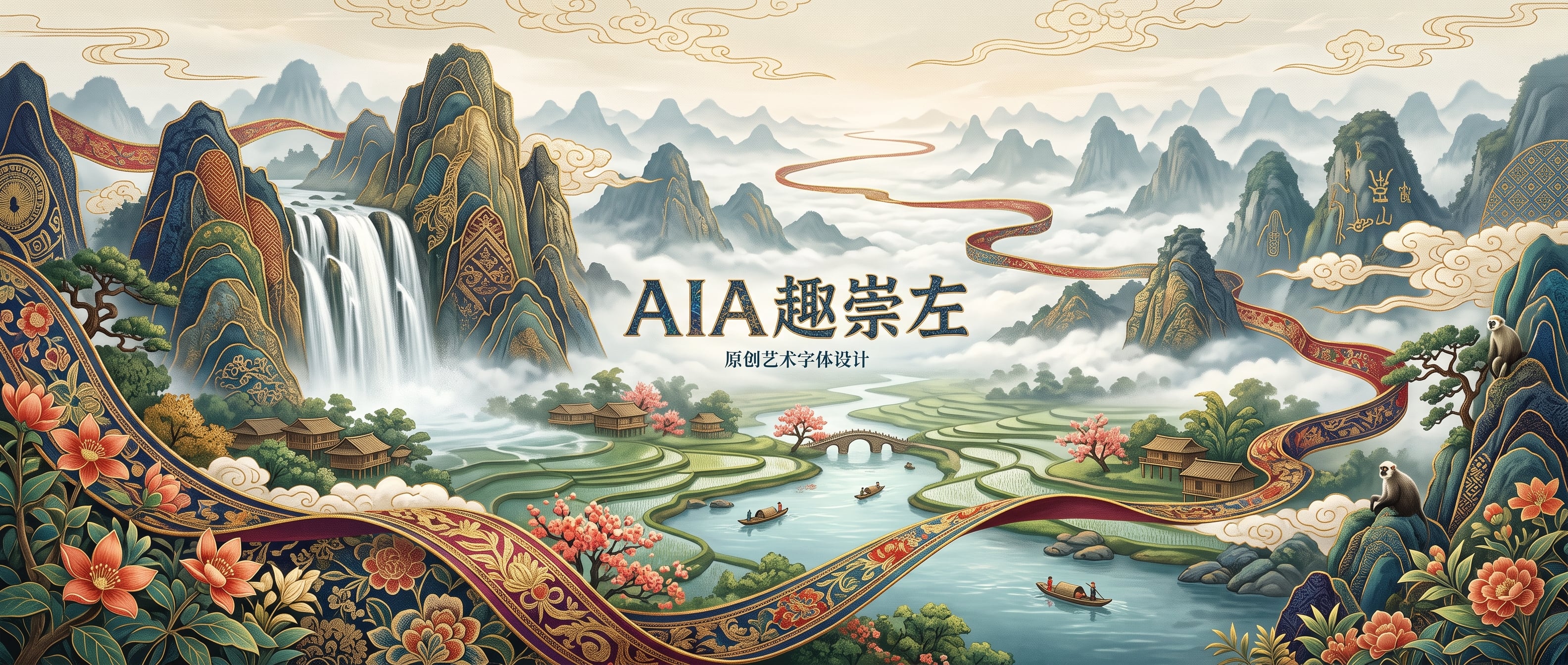 国际高端文旅活动主视觉KV,主题"AIA 趣崇左",21:9超宽银幕构图,电影级视觉,高级商业海报设计。整体风格参考中国非遗织锦艺术、壮锦工艺、金线刺绣、古典山水长卷,不是普通插画,而是织物与山水自然融合的艺术海报。整个画面以崇左壮锦织带贯穿全景,壮锦像一条流动的丝绸,从画面左下蜿蜒延伸至远方,与山川河流自然融合,形成贯穿画面的视觉动线。画面主体为广西崇左德天跨国瀑布,瀑布从雄伟喀斯特山体间倾泻而下,山峰采用壮锦纹样肌理与刺绣纹理结合,山体局部呈现织物质感,形成山即锦、锦即山的艺术表达。中景为明仕田园,左江蜿蜒流淌,小舟缓缓漂流,两岸点缀壮族吊脚楼、古桥、木棉花树林、层层梯田、水雾与云海。远景融入连绵喀斯特峰林,天空出现淡金色祥云,若隐若现的花山岩画图腾以金线浮雕方式融入山体背景,形成世界文化遗产文化符号。画面加入壮族铜鼓纹、天琴纹饰、壮锦几何纹样作为装饰元素,与山体、云层、河流自然融合,而不是独立摆放。点缀少量白头叶猴停留于树林或山石之间,增加崇左地域辨识度。整体大量采用金线描边、刺绣纹理、织物肌理、压纹纸张、丝绒布料质感,局部加入金箔工艺、浮雕压纹、高级烫金效果。画面前景以盛开的木棉花、壮锦花卉纹样围合,增强层次感。画面整体保留适量留白,中间预留主题文字位置:"AIA 趣崇左",文字采用原创艺术字体设计,结合壮锦纹样与金线工艺。整体色彩采用高级中国色:深靛蓝、孔雀蓝、青绿色、鎏金、朱砂红、赭石、米金色、墨青色,局部点缀珊瑚红与暖金高光,整体沉稳华丽、高级典雅。超精细细节,8K,Ultra detailed,Embroidery texture,Gold foil,Luxury tourism KV,Chinese intangible…