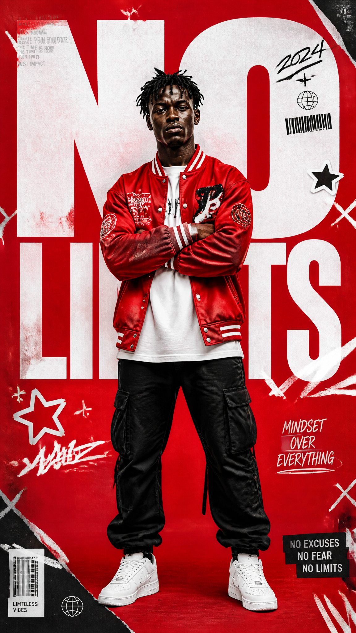 A premium 9:16 streetwear editorial advertising poster.Main Subject:A confident…
