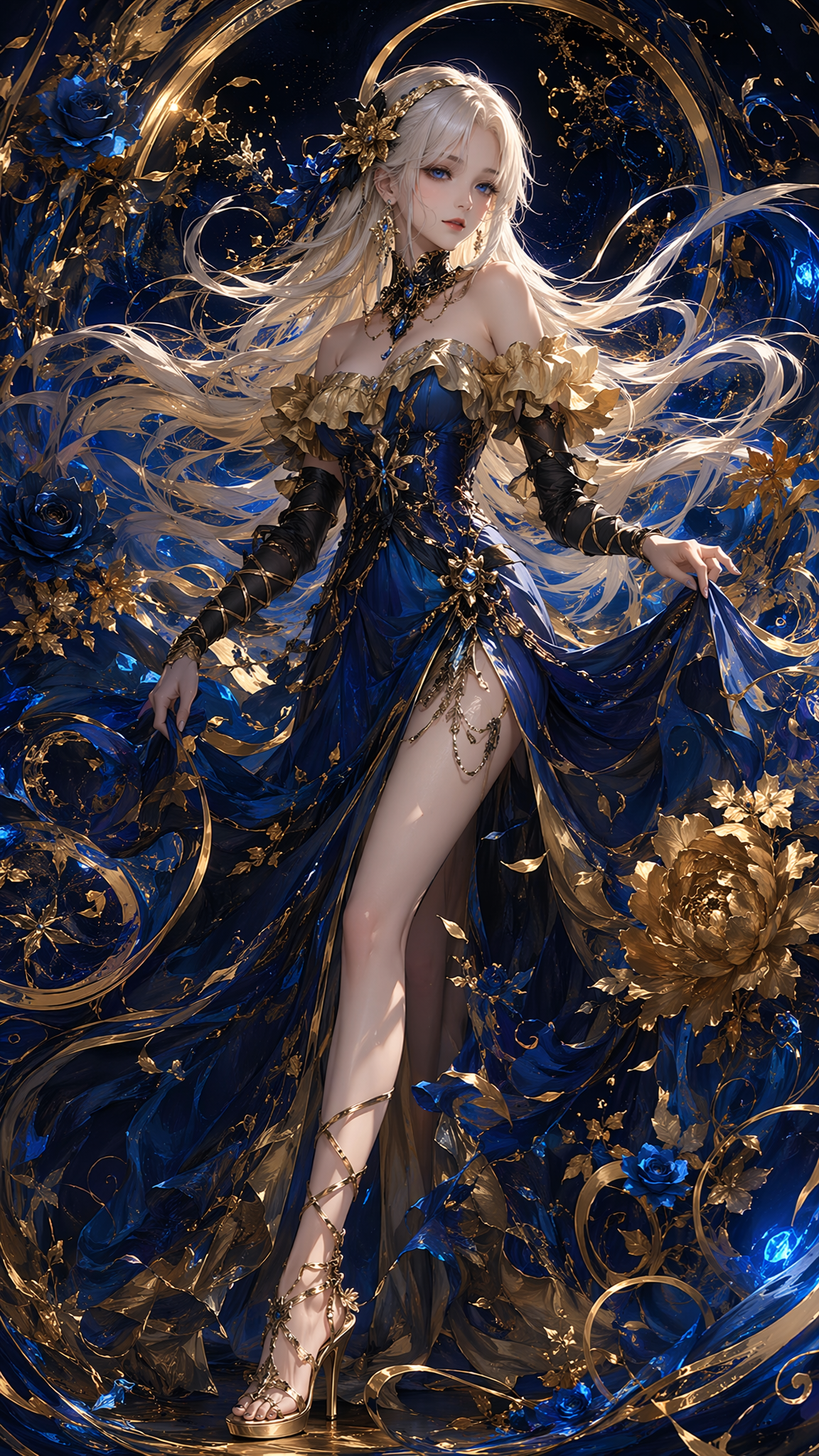 生成一张9:16 竖版高清杰作,顶级画质,一位美丽的东方水光美少女,留着一头飘逸的白金金发,拥有细节丰富且神情生动的蓝色眼眸;身穿精致的宝蓝色与金色层叠舞会礼服,采用露肩金色荷叶边设计、束腰系带细节及高开叉剪裁以展现修长双腿;搭配金色绑带高跟凉鞋、黑金配色系带袖套以及繁复精美的哥特式颈饰。背景呈现超现实的抽象风格,融合了深午夜蓝与金属金色的花卉漩涡,点缀着盛开的深蓝色玫瑰与金色牡丹;画面中交织着流动的发光金属圆环、旋转的蓝色墨迹与飞溅的金粉;采用戏剧性光影与电影级构图,细节极致丰富,展现奇幻概念艺术风格与奢华美学;8K分辨率,ArtStation热门作品。