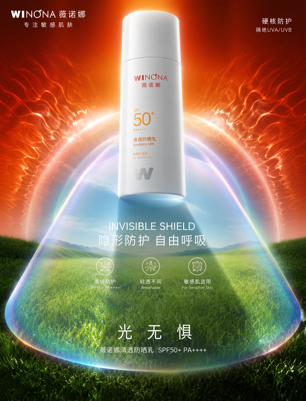 为 薇诺娜 打造一张高端产品广告海报,主体为 清透防晒乳。以产品的影子作为核心叙事载体。产品本身必须保持锐利、精准、可辨识、高端感,并在视觉上占据绝对主导地位。将其置于戏剧性可控光源之下,使其影子转化为电影级场景——一道半透明的极光色能量护盾,护盾外是灼烧感的抽象紫外线波纹(以高饱和橙红渐变呈现),护盾内是柔和的自然光与一片宁静的草地。该影子象征产品的功能特性:SPF50+ 的硬核防护,将有害紫外线隔绝于肌肤之外。影子不可随机生成,必须揭示产品背后的隐藏故事:- 投射科技防护力、 invisible shield、肌肤自由呼吸之影画面需呈现世界级 campaign…
