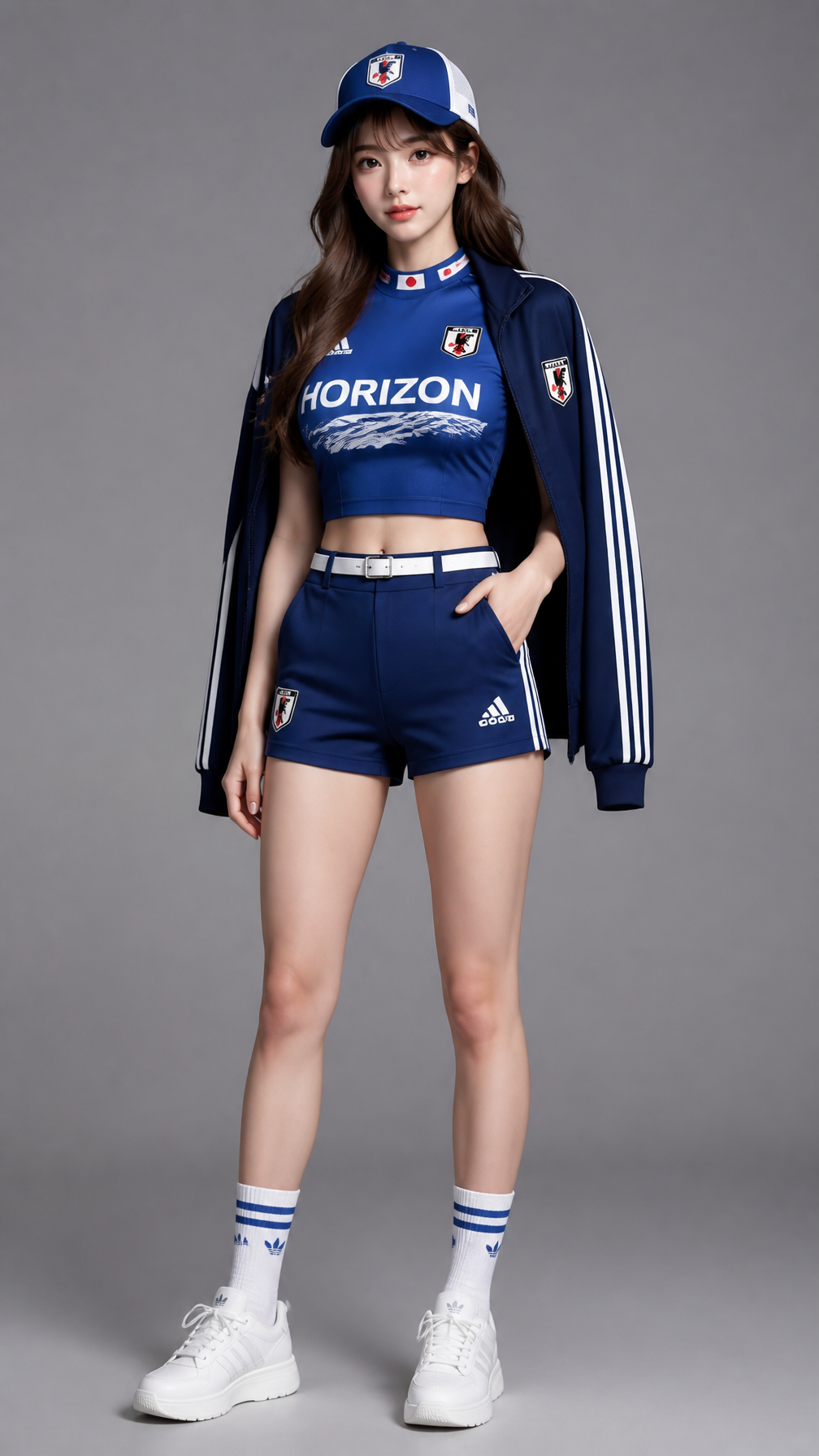 一位年轻女性的全身照,她留着棕色长发,身穿日本国家队2026年世界杯主场球衣风格的运动装:修身剪裁的"日本蓝"短款上衣,胸前饰有"HORIZON"抽象波浪纹样,衣身收腰剪裁,版型利落,衣领内侧点缀红色日章旗,搭配阿迪达斯经典三条纹白色袖饰。下身穿着同系列高腰修身运动短裤,版型合身,搭配白色细腰带,肩上披着一件深蓝色队服外套。头上戴着一顶蓝白配色的运动帽,脚穿蓝白条纹中筒袜与白色运动鞋。她自然站立,身姿挺拔,右手自然垂放于身侧。背景为纯灰色。光线柔和均匀,呈现清爽利落的运动感。风格为写实,同时角色的面部特征略带动漫影响。--宽高比 9:16 --风格 原始