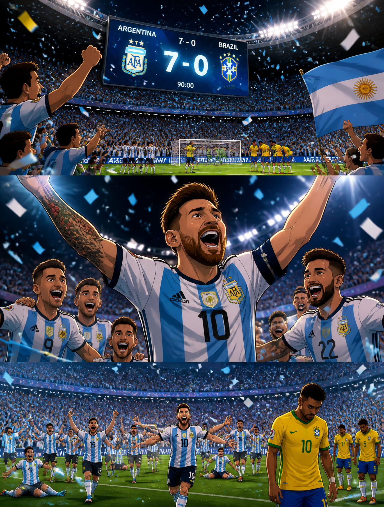 Epic Argentina vs Brazil football match, 2D cartoon cinematic…