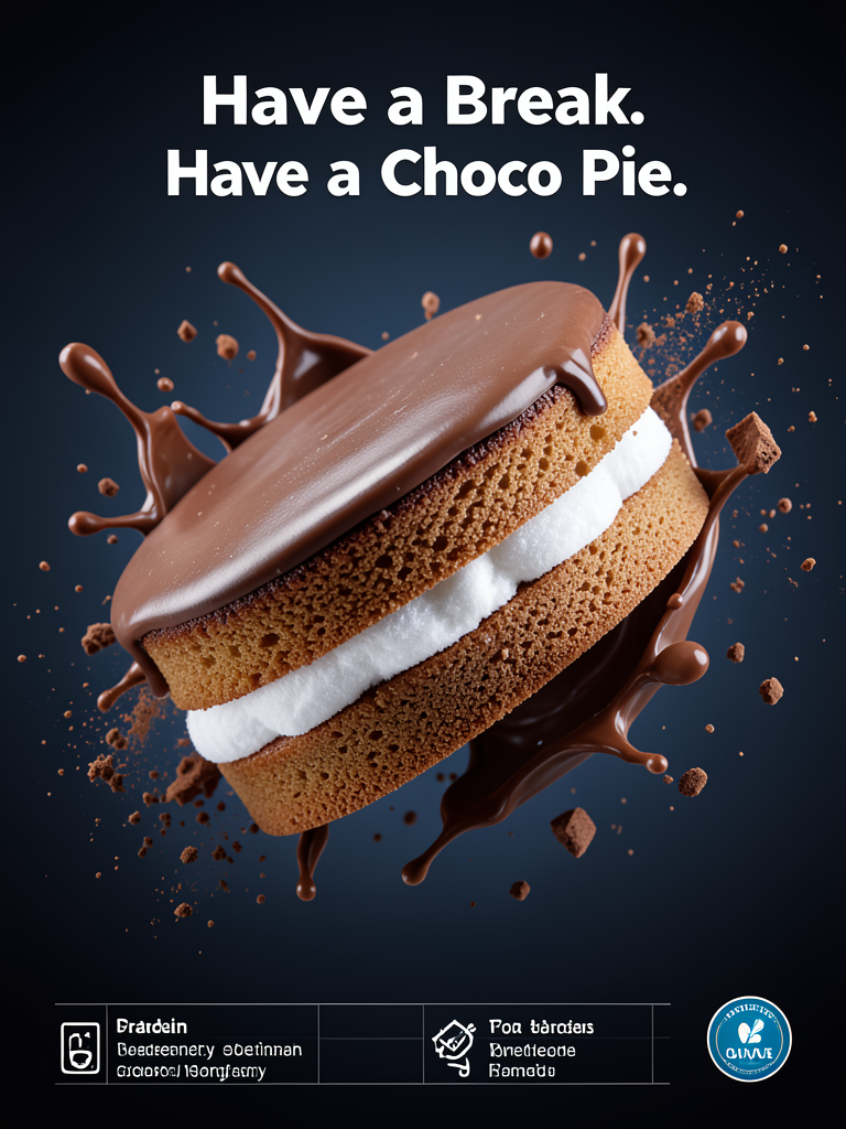 主题与主体 高级商业广告摄影,一颗精致的Choco Pie悬浮于画面中央,呈现出微妙的动态倾斜角度。微距摄影视角捕捉其松软的海绵蛋糕质地、厚实且具有光泽的巧克力涂层,以及中间充满韧性与空气感的棉花糖夹层。周围环绕着高分辨率、动态飞溅的巧克力碎片、细腻的可可粉尘、圆润的新鲜牛奶滴以及轻盈的棉花糖质感颗粒,营造出一种充满活力、失重感的奢华视觉效果。 排版与视觉设计 采用瑞士国际主义设计风格,构图严谨且具有强烈的视觉层级。顶部正中位置采用现代无衬线粗体字呈现 Have a Break. Have…