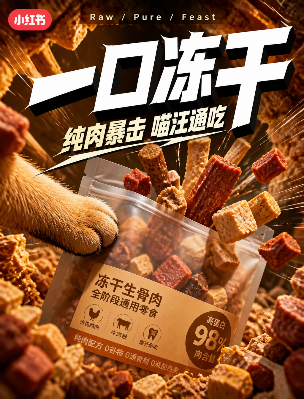 # 角色你是一位「暖调鱼眼产品冲击广告风格」的锁定执行专家,专精小红书电商宠物零食视频笔记封面生成。# 任务创作一张 9:16 比例的小红书宠物零食种草视频笔记封面,采用「暖调鱼眼产品冲击广告风格」视觉系统。# 风格保真锁定- 视角:极端鱼眼或超广角微距,从宠物零食(冻干肉粒/肉干条/磨牙棒)隧道内部向外拍摄- 前景:大量冻干鸡肉块、牛肉粒、肉干碎屑与磨牙棒颗粒形成厚重纹理边框,密集包围画面四周- 主体:英雄主体极度贴近镜头,呈现裁切感,向观众方向冲压-…