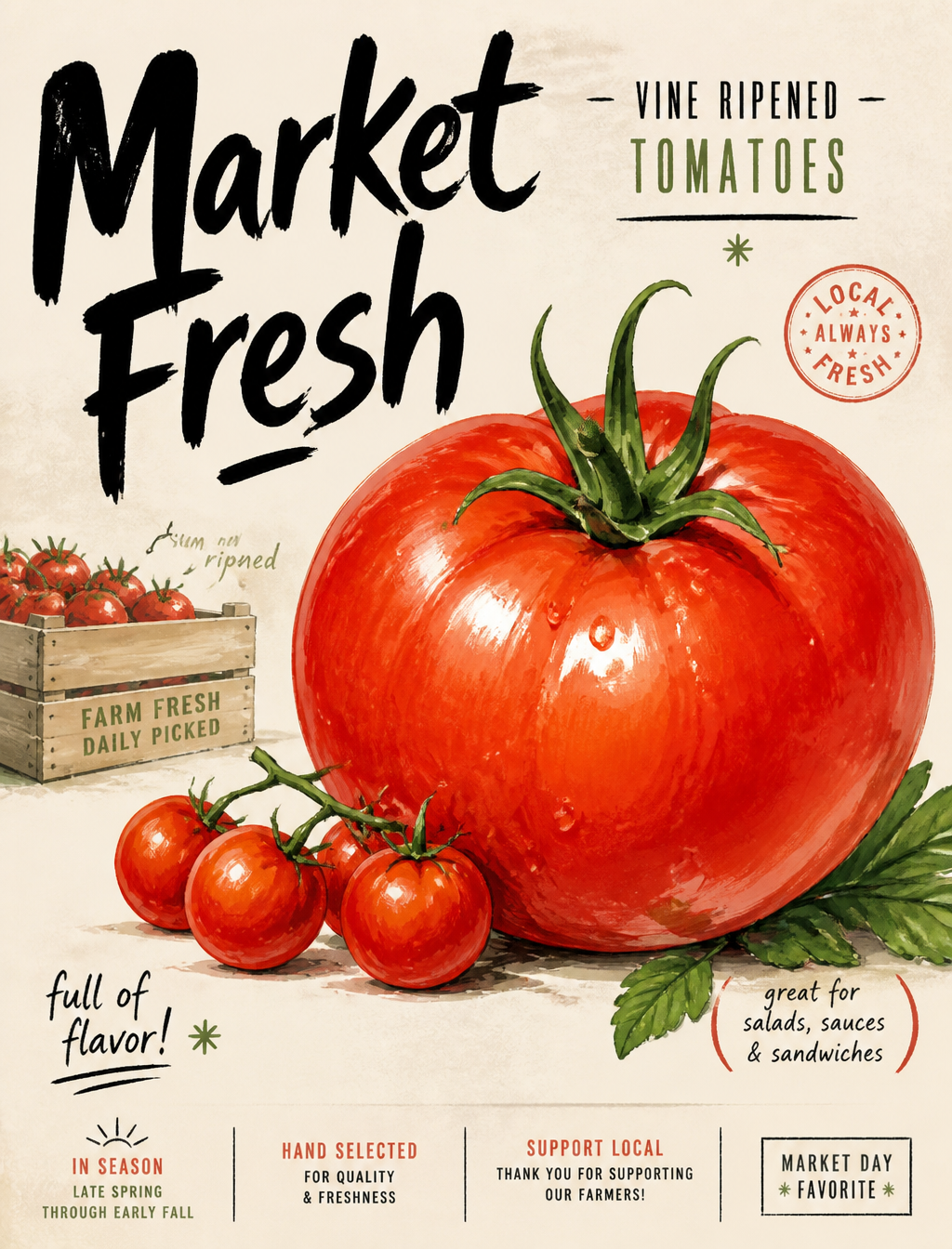 { "style_name": "市场手绘农产品海报风格", "style_slug": "market-brush-produce-poster-style", "style_version": "1.0.0", "style_summary": "一种稀疏的新鲜农贸市场海报系统,采用温暖的象牙白纸张背景,一个超大光泽的农产品主角,一个较小的回响产品,狂野的黑色手工剪裁笔触排版,细长的编辑式标题文本,以及微小的底部印章式说明文字。",…