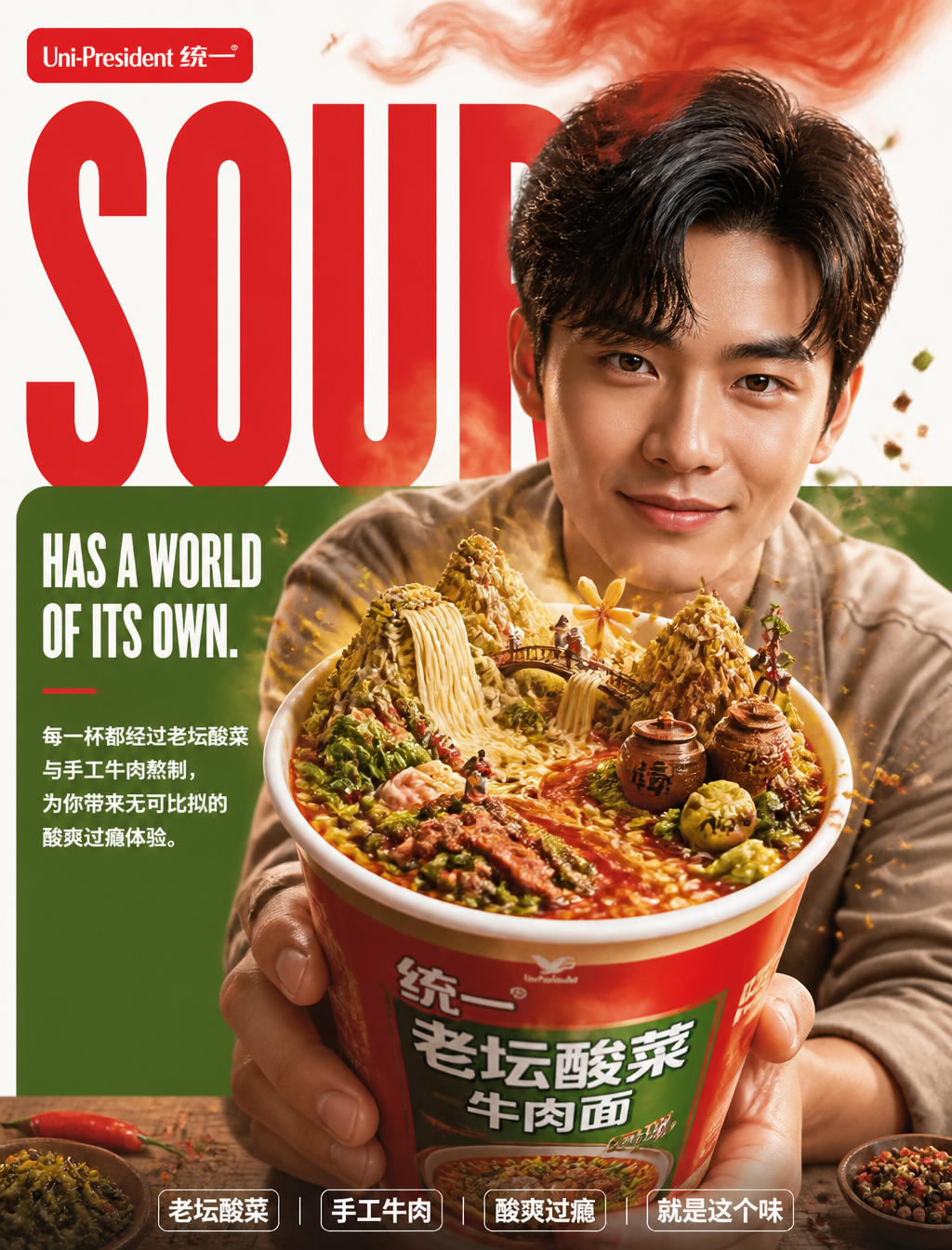 生成一张世界级品牌广告级速食海报,采用大胆商业版式 × 超现实写实主义风格,照片级真实感,奢侈品编辑级视觉叙事,无AI痕迹。竖版构图,适配中国大陆社交媒体,下沉市场同步适配。核心创意:"酸爽自有其世界。" 统一老坛酸菜牛肉面的打开杯面内部展开为微缩酸爽江湖世界——面条山脉、酸菜森林、牛肉片大地层、红油河流、微型侠客在面条山间行走、辣椒小径、花椒风车转动、老坛光桥、骨汤瀑布、微型厨师在老坛中腌制酸菜、红油阳光穿透面条照亮一切,手工crafted质感,充满生命力。年轻亚洲面孔速食爱好者手持打开杯面朝向镜头,轻松微笑,豪爽期待,直视镜头,现代休闲中性色调着装。统一杯面以前景强势透视占据画面主导。标志性统一红(#E31837)+ 酸菜绿大型圆角矩形背景,大面积干净白色负空间,高端极简构图。巨型粗体标题"SOUR"大幅裁切置于主体后方,带微妙景深层次。酸爽香气蒸汽自然升起,在主体上方幻化为红油云朵。花椒微粒如红雪飘浮,酸菜碎屑飘散空气中,微妙暖红光线从杯面中放射,金色闪光点缀。柔和体积光穿透酸爽蒸汽。图形元素:花椒微粒、酸菜碎屑、飘浮辣椒片、酸爽蒸汽、金色闪光、柔和体积光、高端速食造型。配色:统一红#E31837、酸菜绿#556B2F、红油红#DC143C、面条黄#F4A460、牛肉棕#8B4513、柔和白#FAFAFA。文字系统:顶部胶囊标签"Uni-President 统一";主标题"SOUR HAS A WORLD…