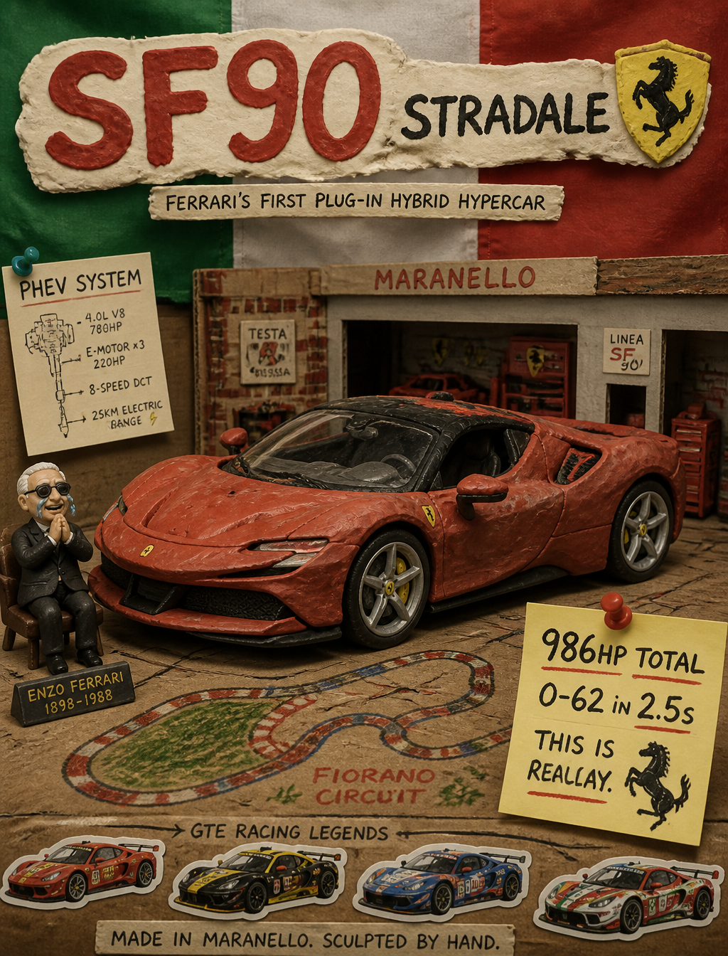 Create a stop-motion clay-and-plastic premium automotive poster of Ferrari…
