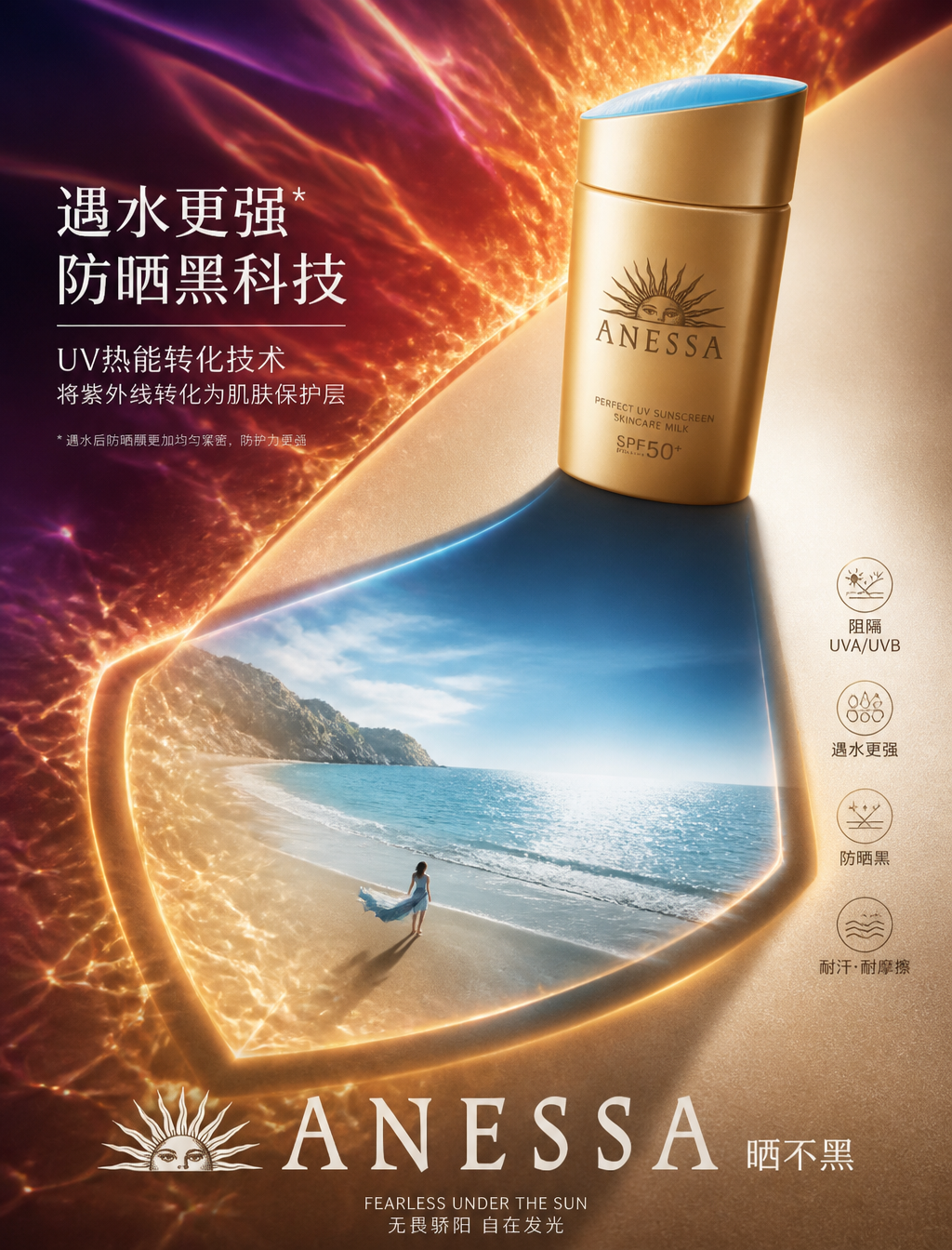 为 安热沙 打造一张高端产品广告海报,主体为 金瓶防晒乳。以产品的影子作为核心叙事载体。产品本身必须保持锐利、精准、可辨识、高端感,并在视觉上占据绝对主导地位。将其置于戏剧性可控光源之下,使其影子转化为电影级场景——一道流动的液态金盾,盾面反射出太阳耀斑般的微光纹理,盾外是扭曲灼热的紫外线热浪(以熔岩橙与紫外紫渐变呈现),盾内是一片清凉的蔚蓝海岸。该影子象征产品的功能特性:遇水更强的防晒黑技术,将紫外线转化为肌肤保护层。影子不可随机生成,必须揭示产品背后的隐藏故事:- 投射极限户外防护、热能转化美学、 fearless under the sun…
